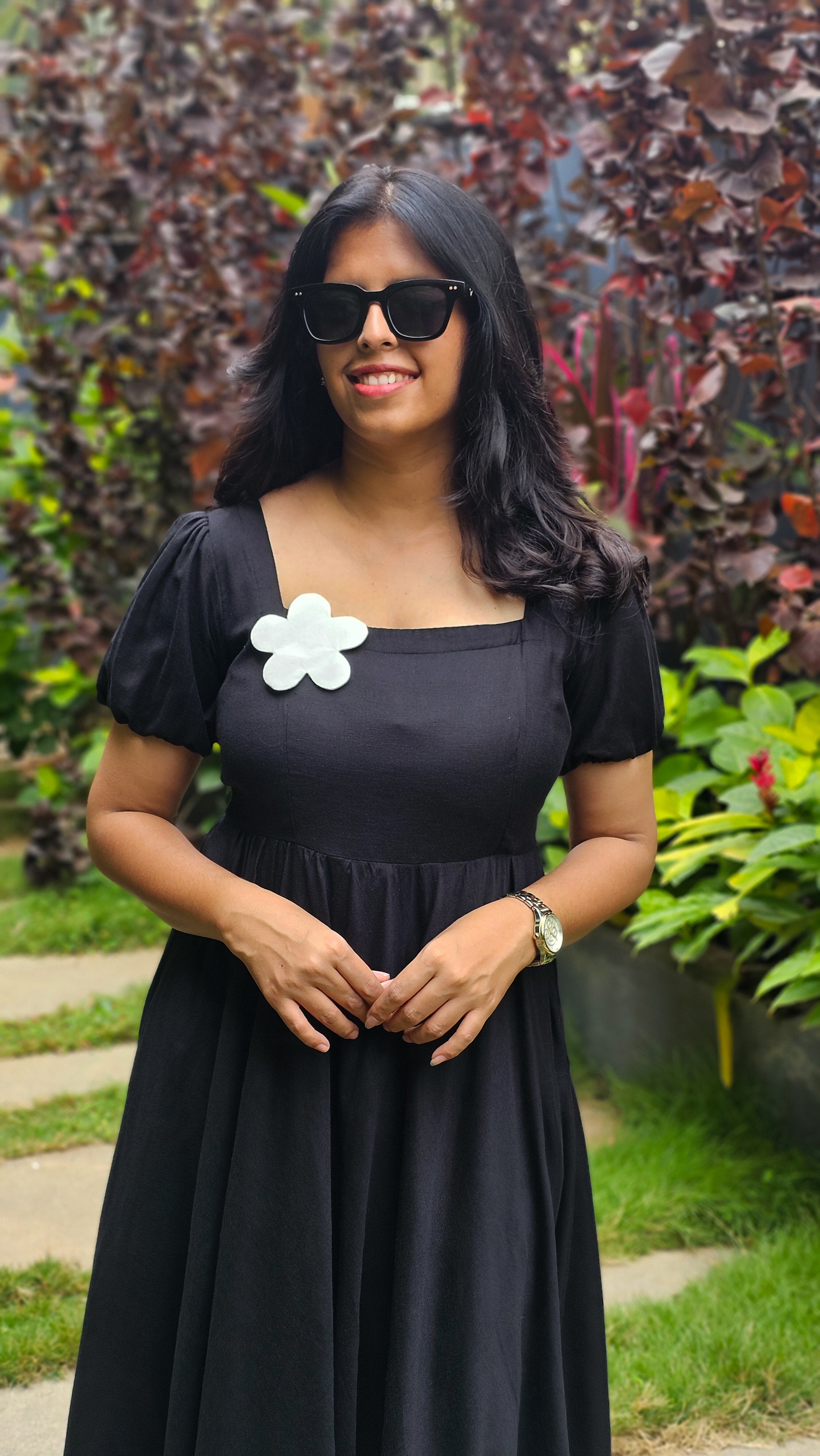 My Princess - Black Viscose Linen Floral Patchwork Flared Dress