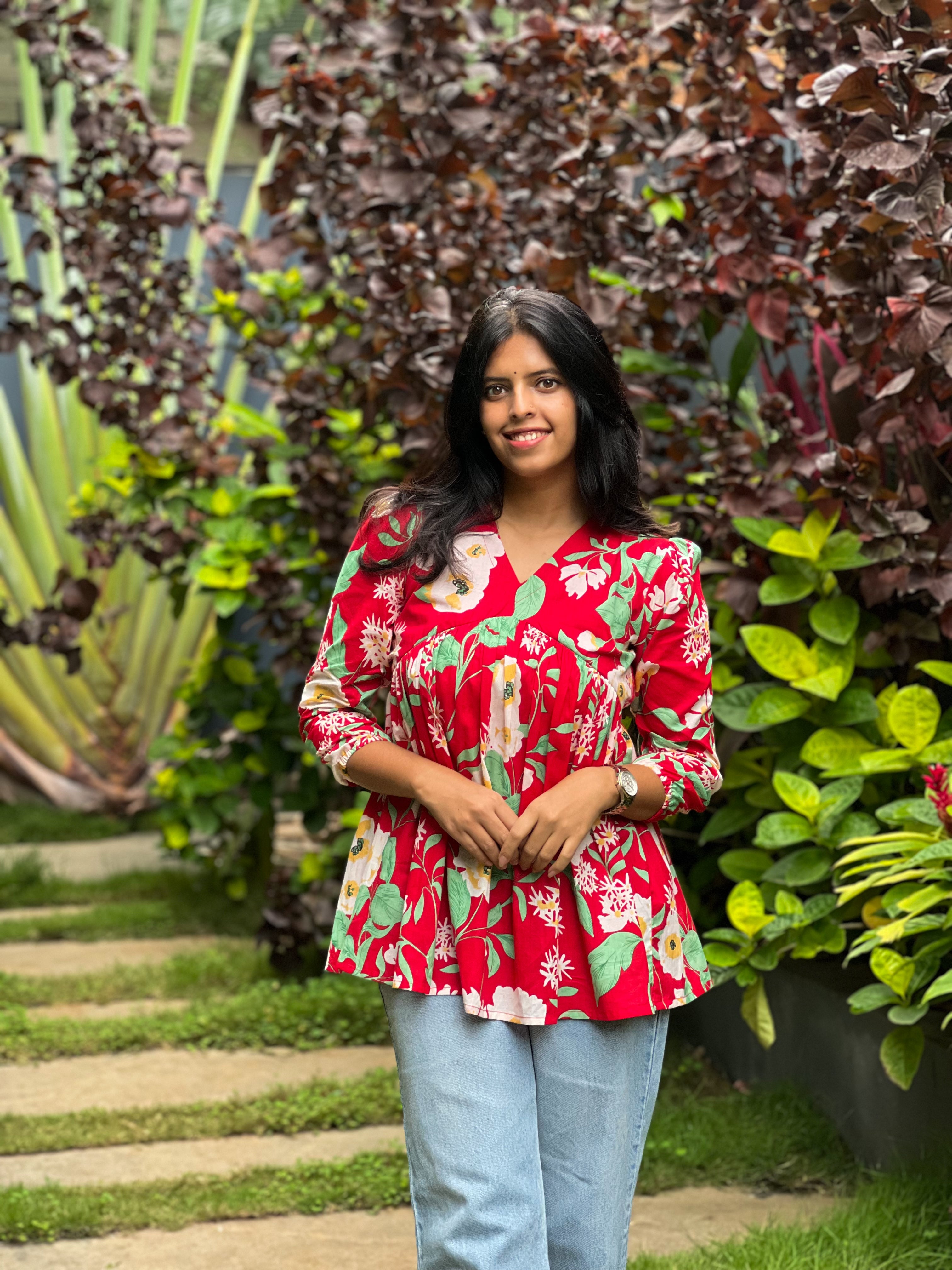 Miniver Rose - Red Cotton Floral Top