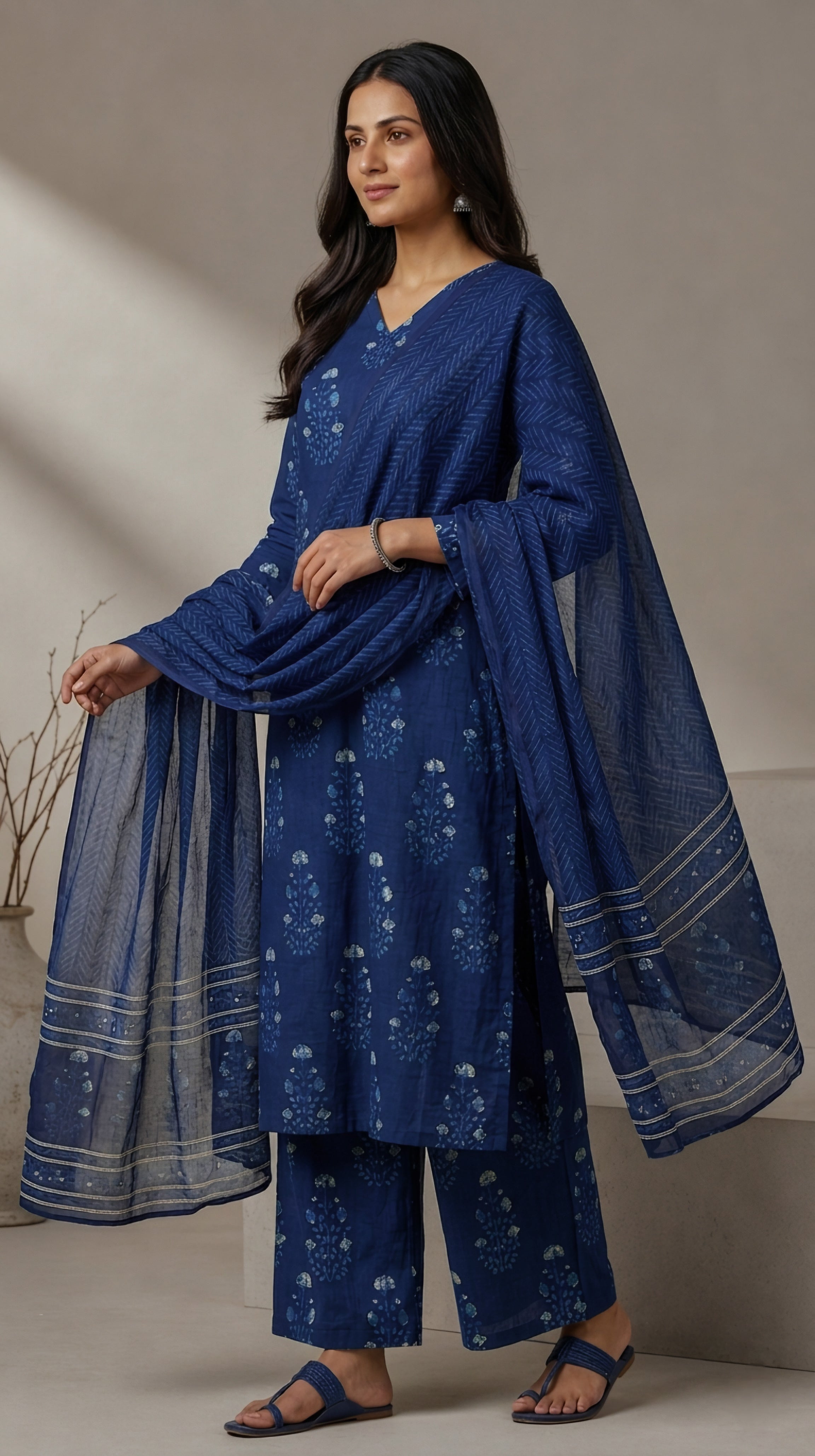 Navy Blue Cotton A-Line Kurta set