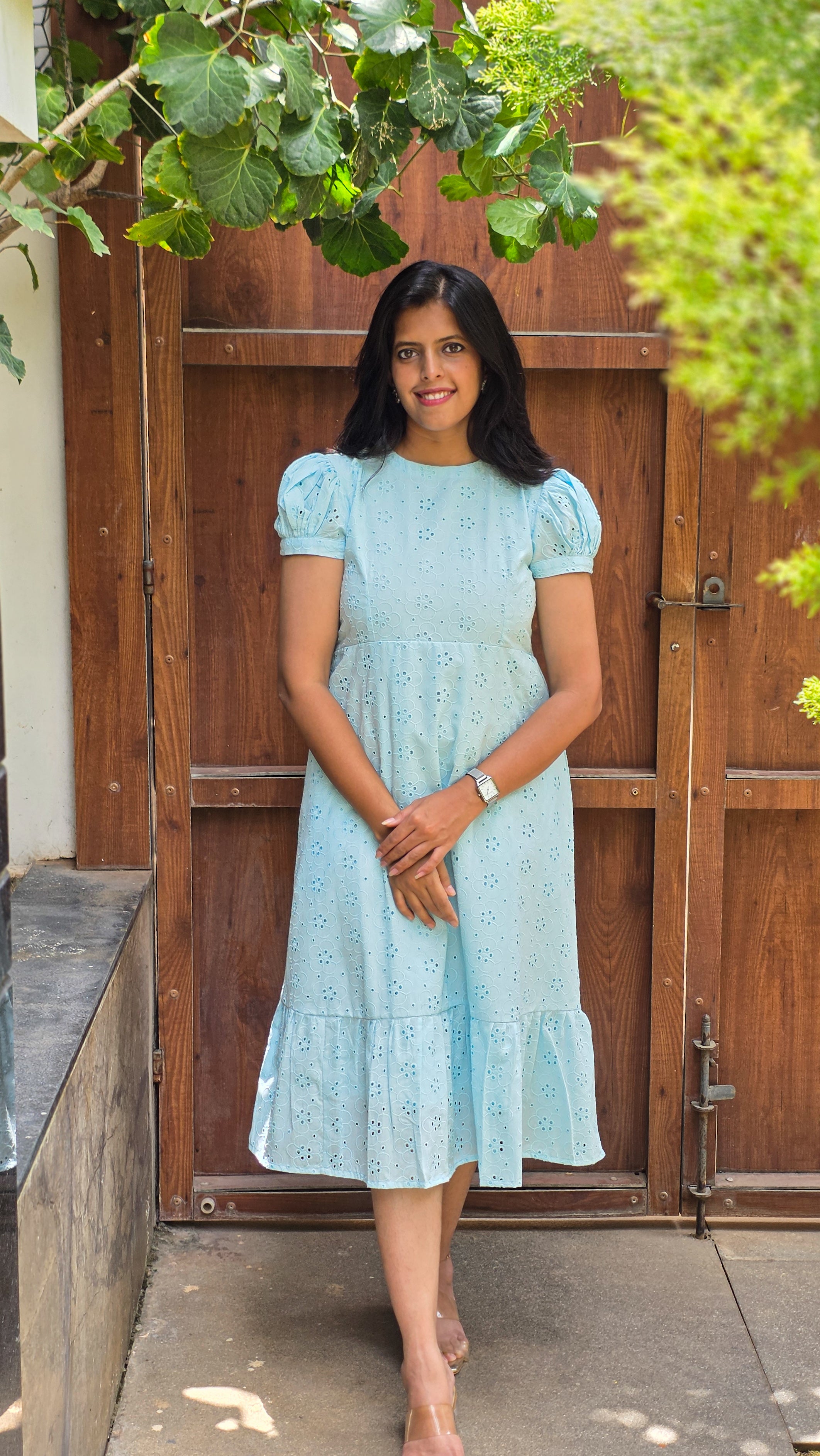 Powder Blue Schiffli A-line Puff Sleeve Midi Dress