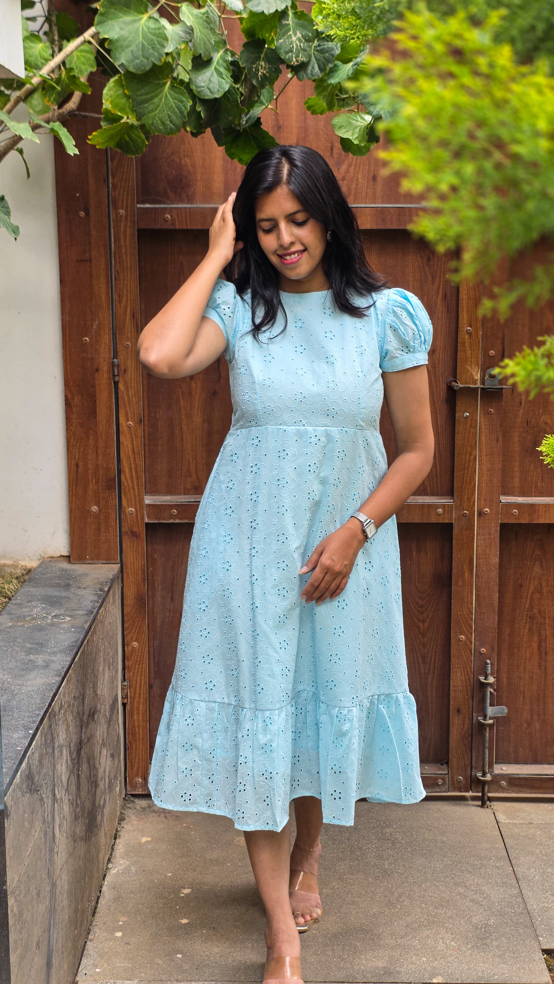 Powder Blue Schiffli A-line Puff Sleeve Midi Dress