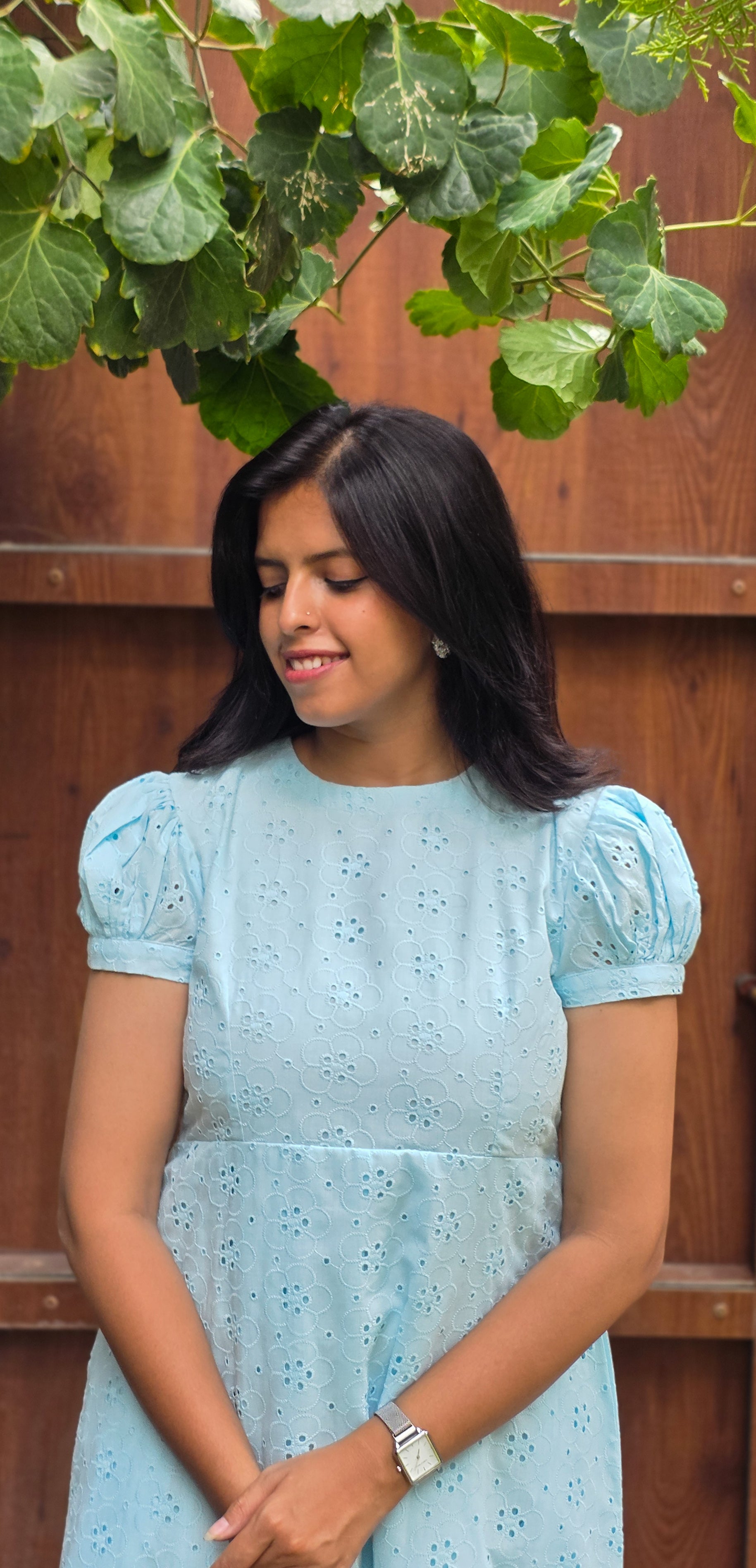 Powder Blue Schiffli A-line Puff Sleeve Midi Dress