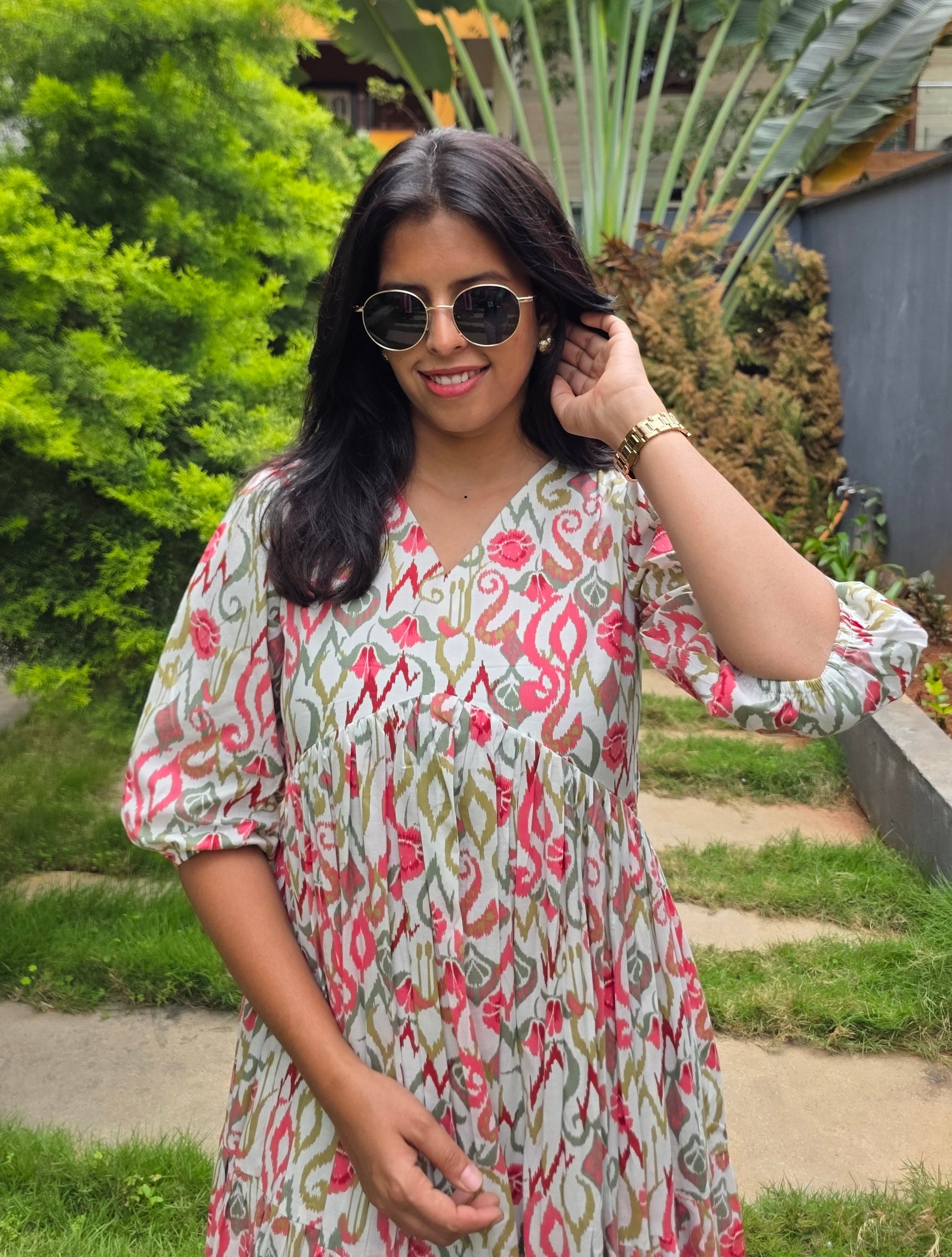Floral Cotton 3-Tier Flared Maxi Dress