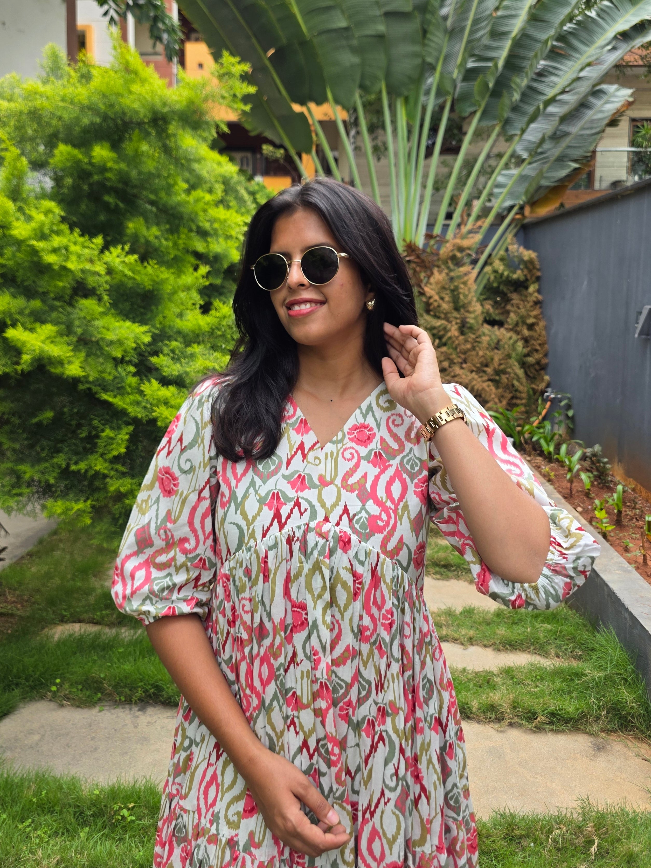 Floral Cotton 3-Tier Flared Maxi Dress