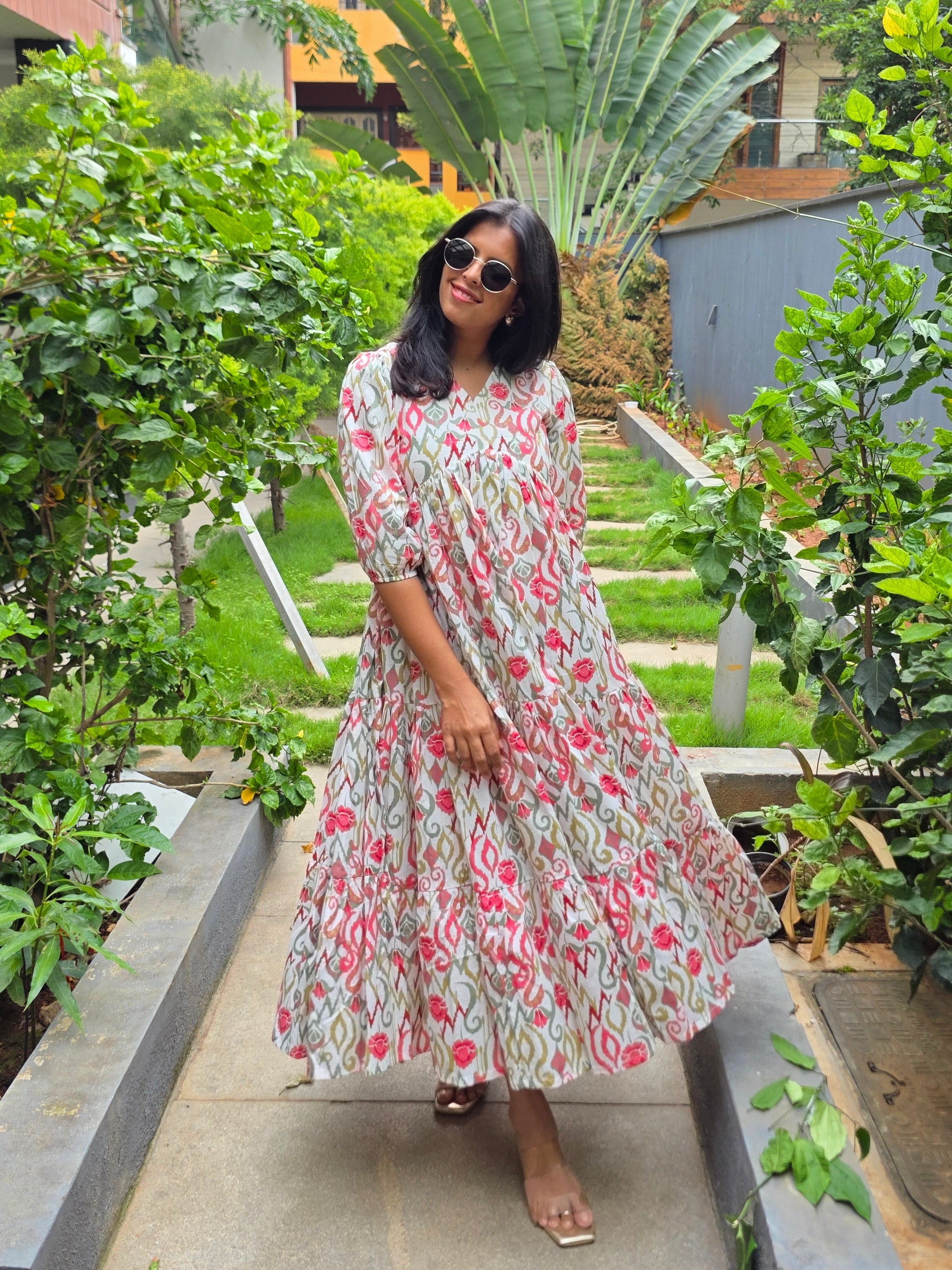 Floral Cotton 3-Tier Flared Maxi Dress
