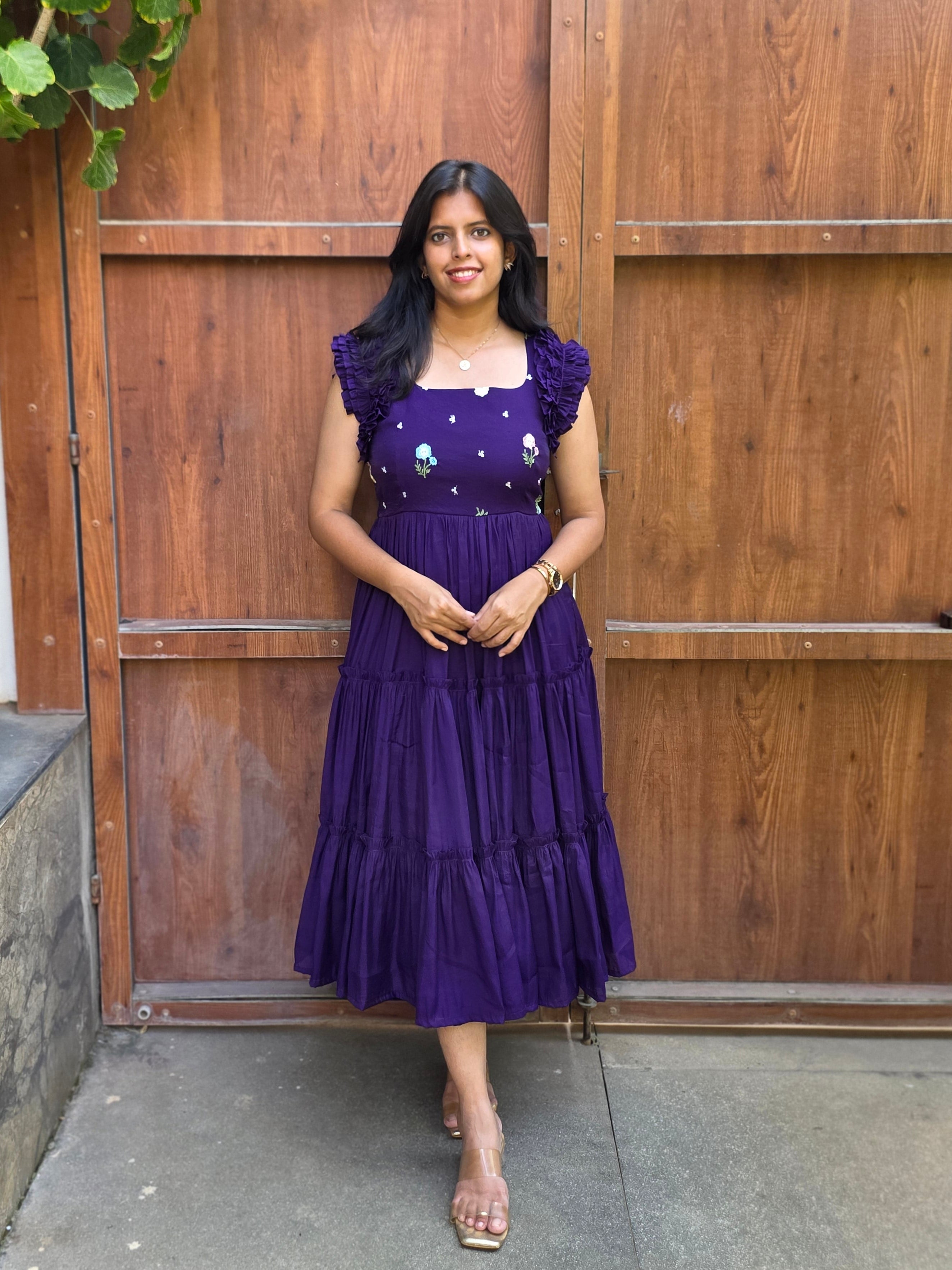 Vibrant Purple Embroidered Mul Chanderi Dress