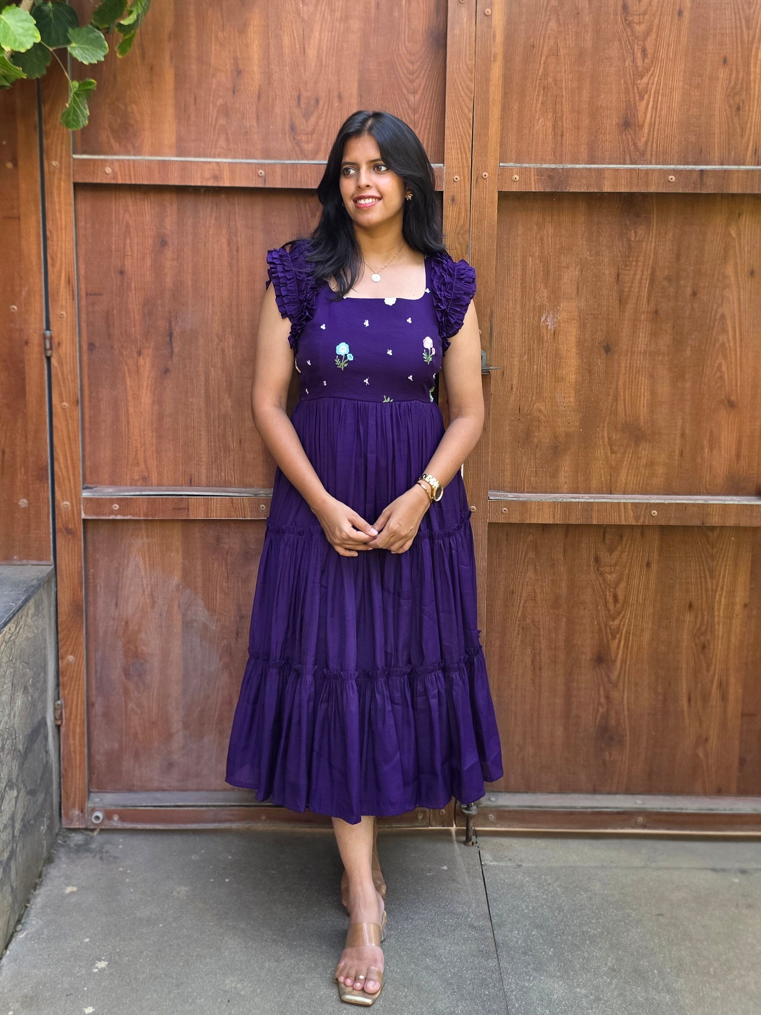 Vibrant Purple Embroidered Mul Chanderi Dress