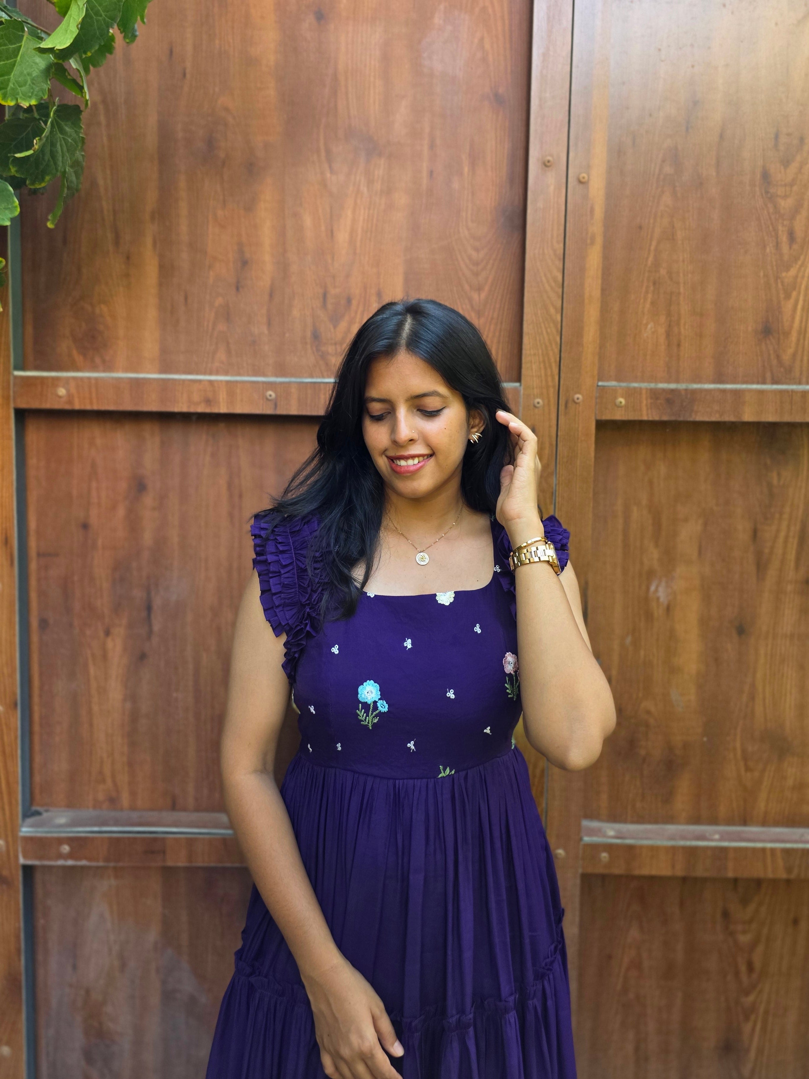 Vibrant Purple Embroidered Mul Chanderi Dress