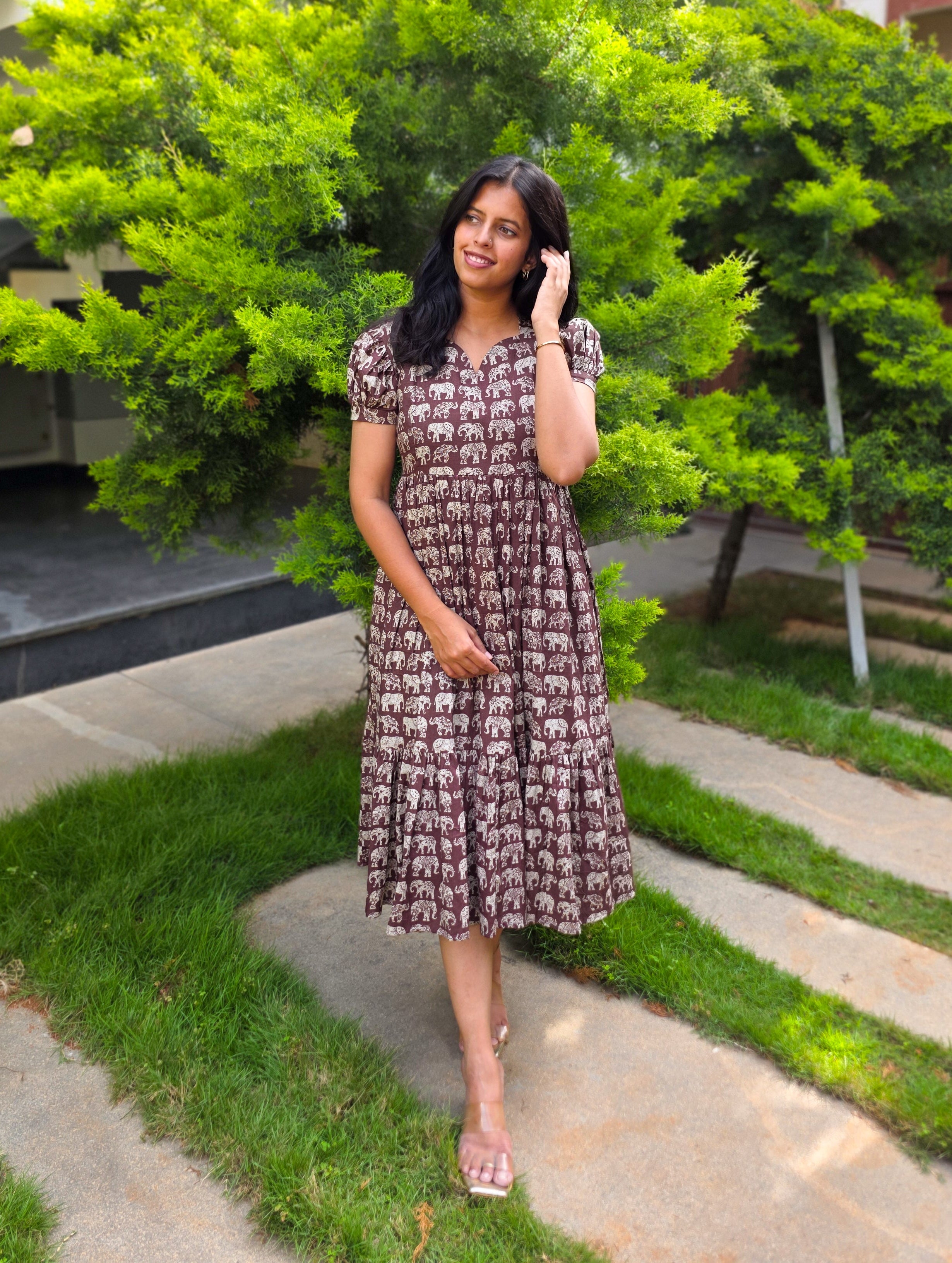 Earthy Brown Elephant Block Print Cotton Midi Dress