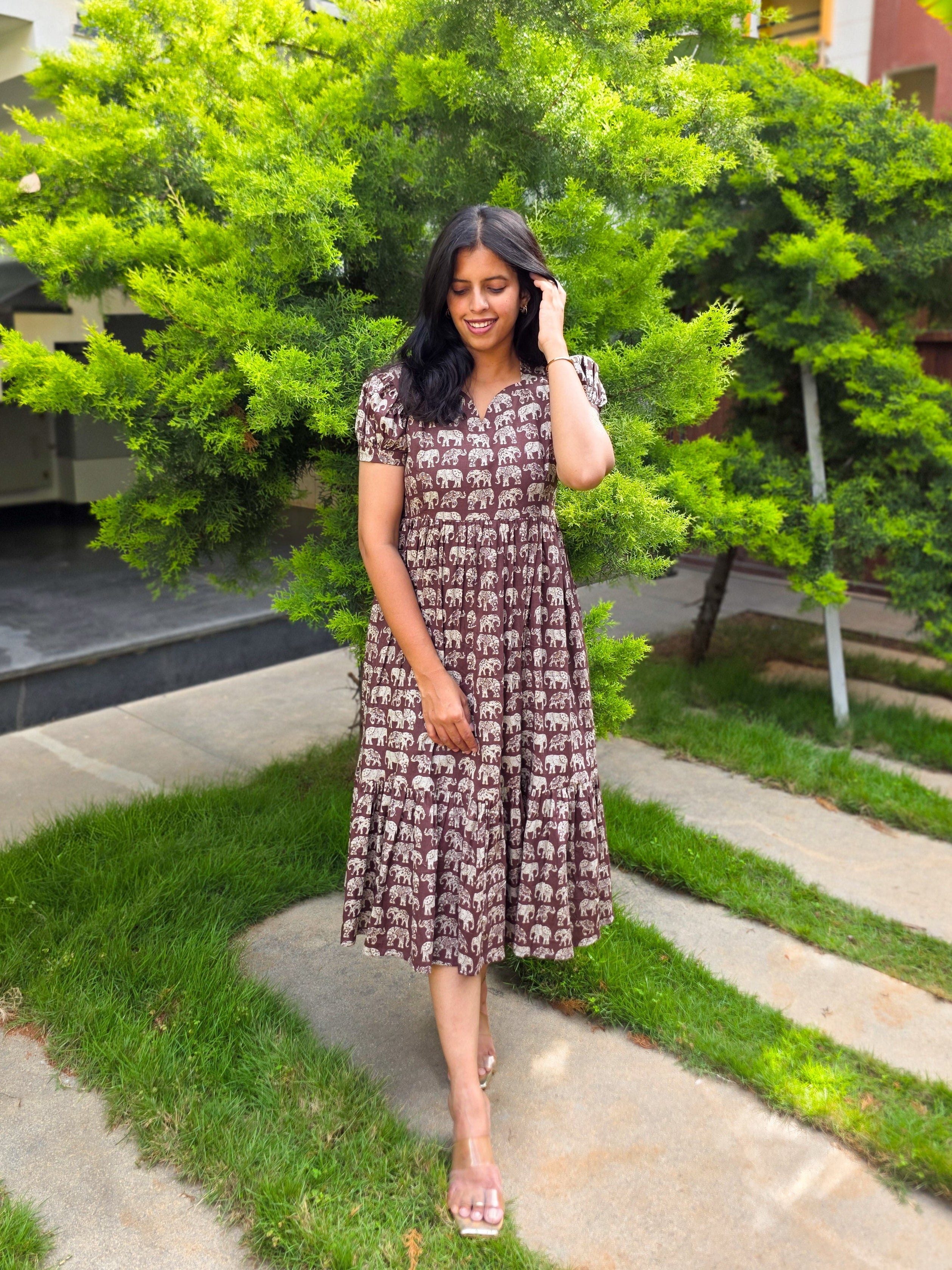 Earthy Brown Elephant Block Print Cotton Midi Dress