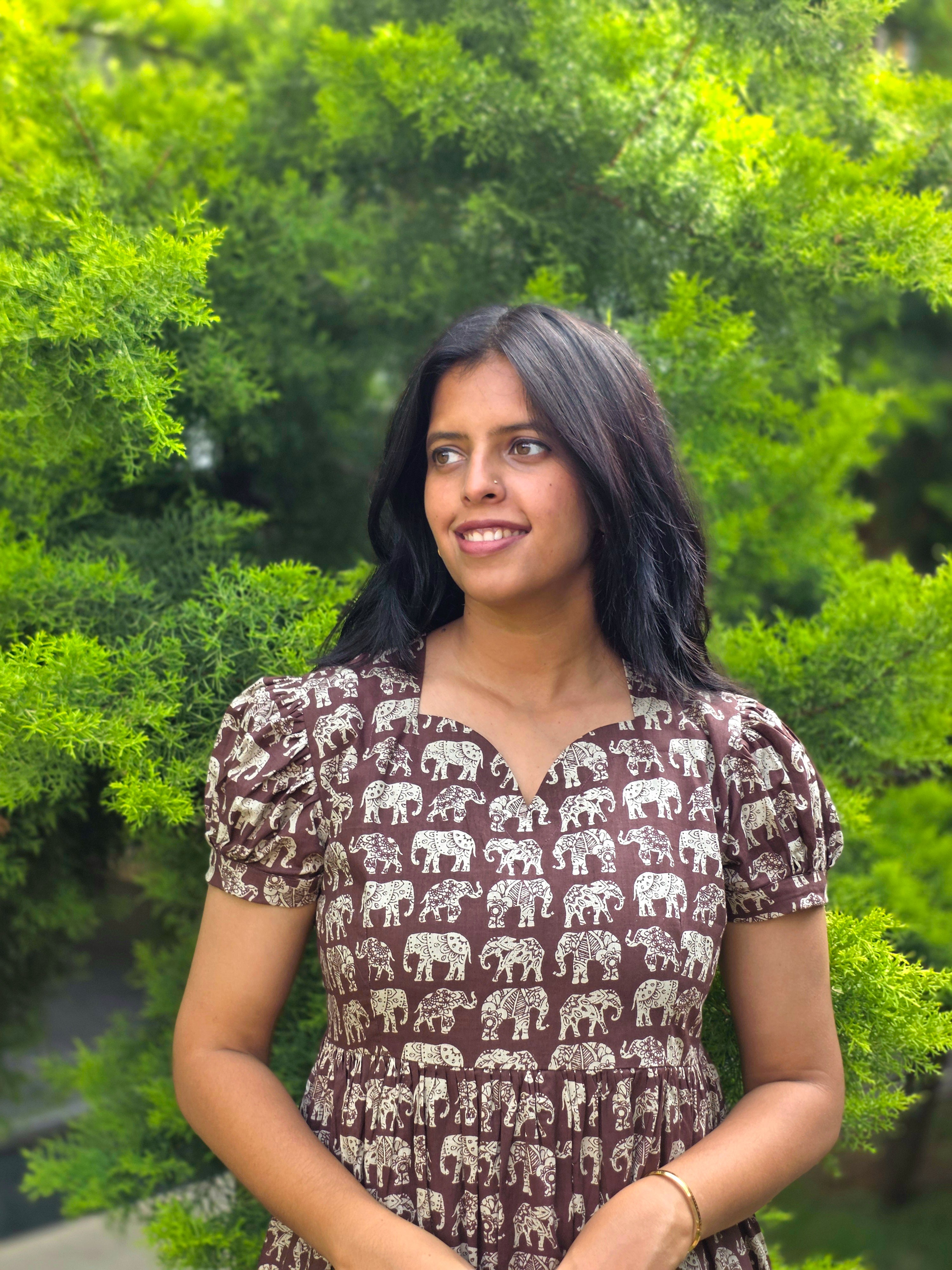 Earthy Brown Elephant Block Print Cotton Midi Dress