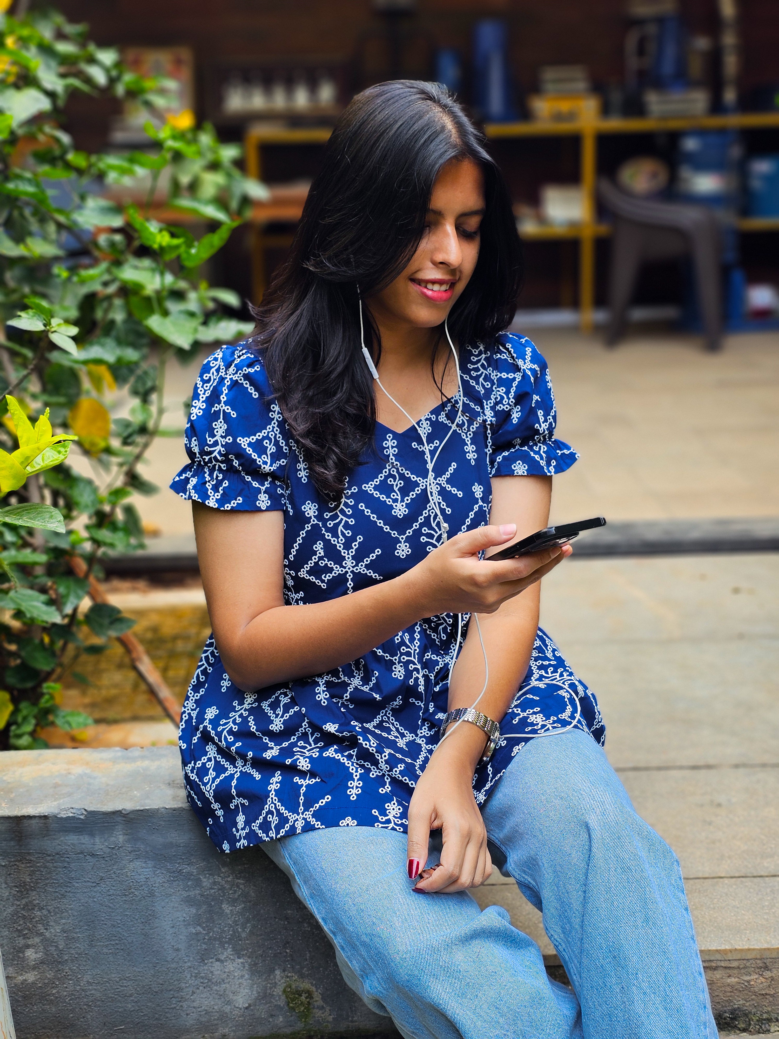 JENNY - Royal Blue Hakoba Print Top