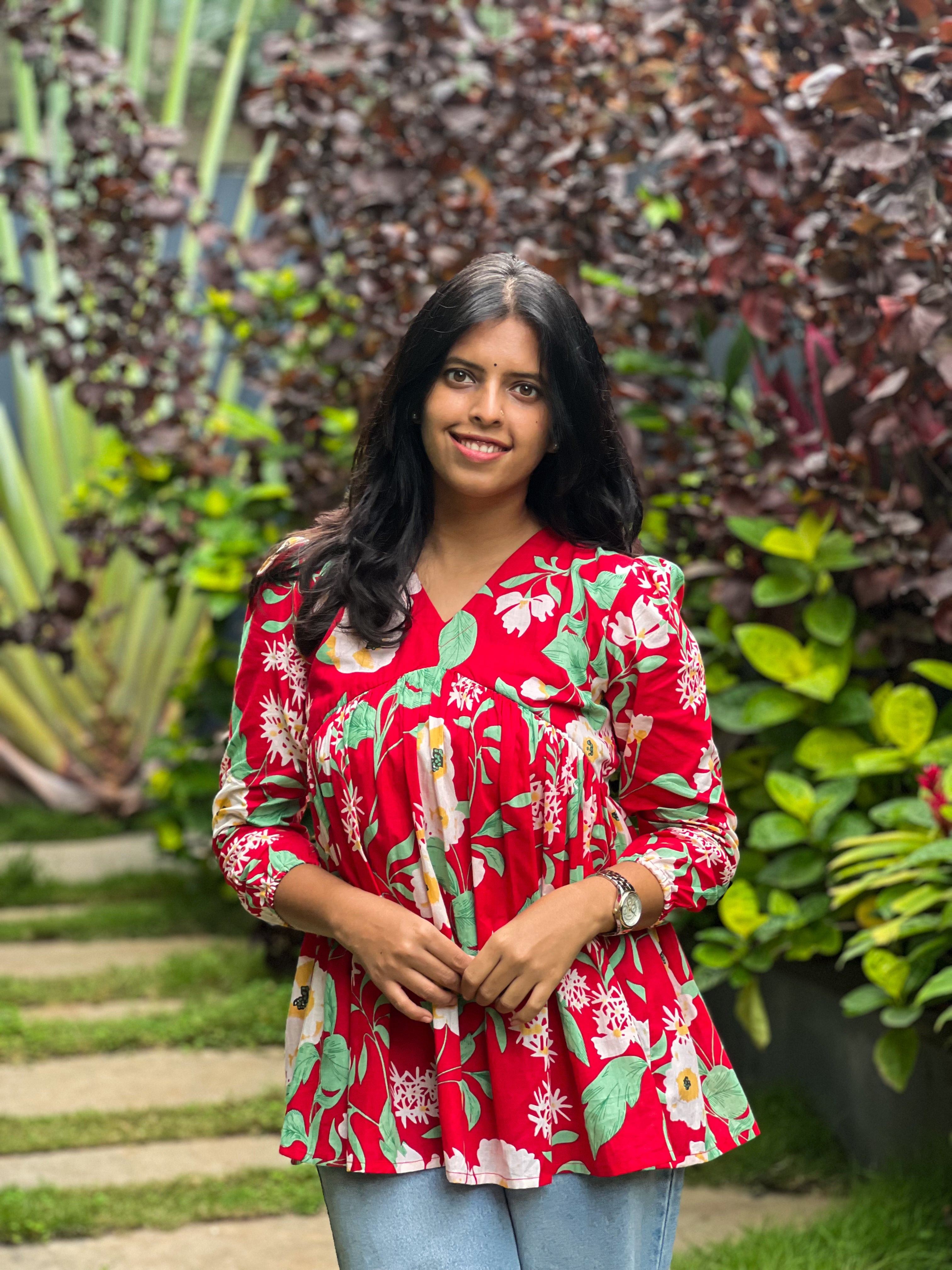 Miniver Rose - Red Cotton Floral Top