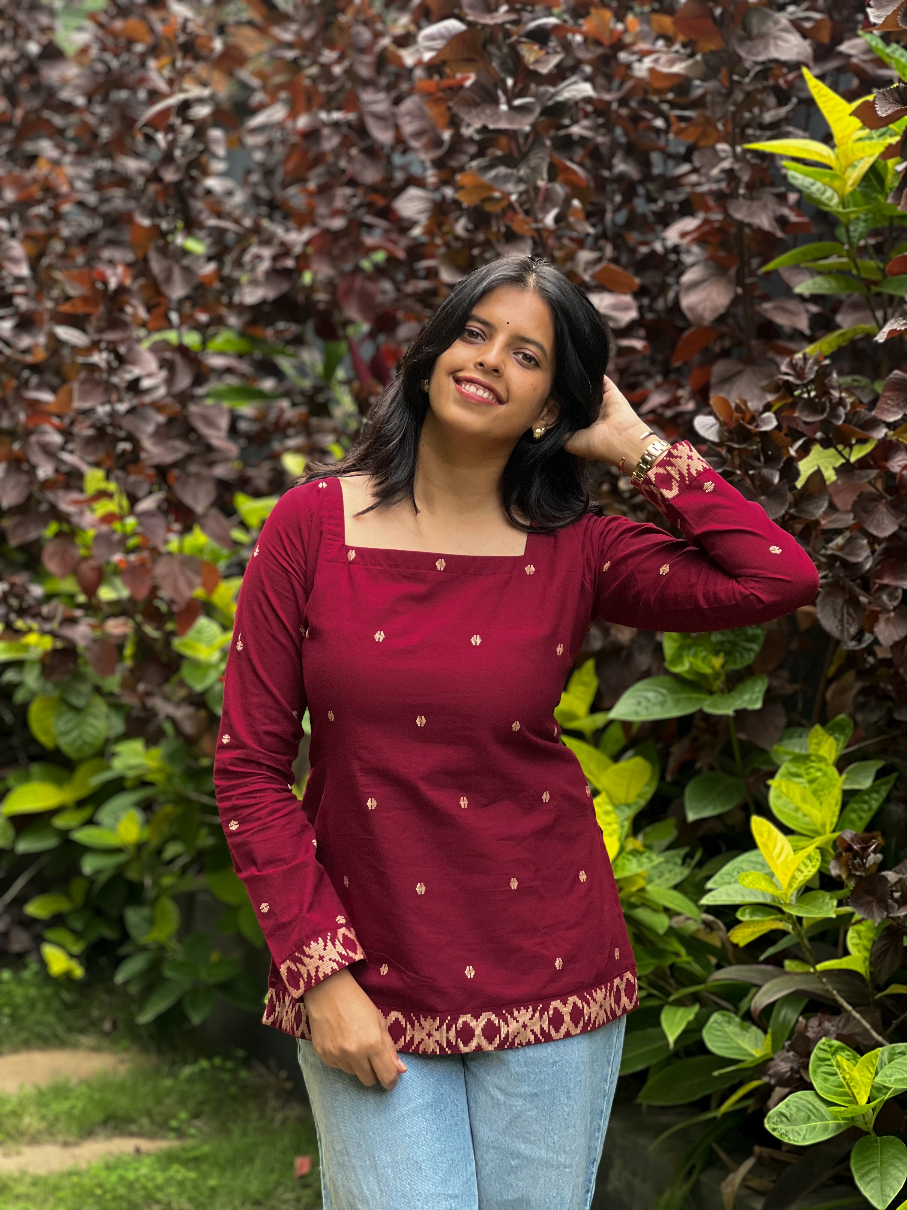 Kadali - Maroon Jamdani Cotton Top