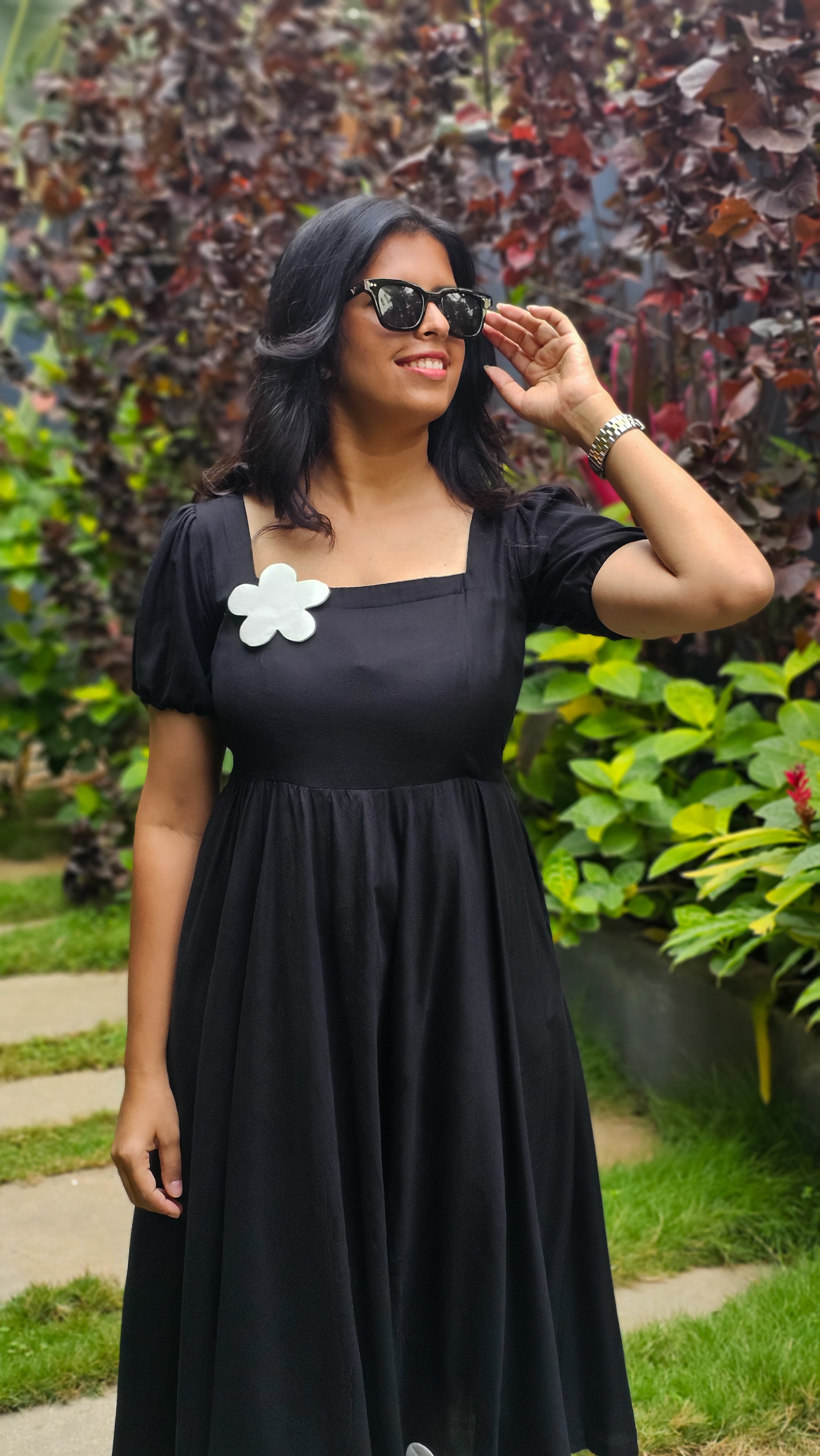 My Princess - Black Viscose Linen Floral Patchwork Flared Dress