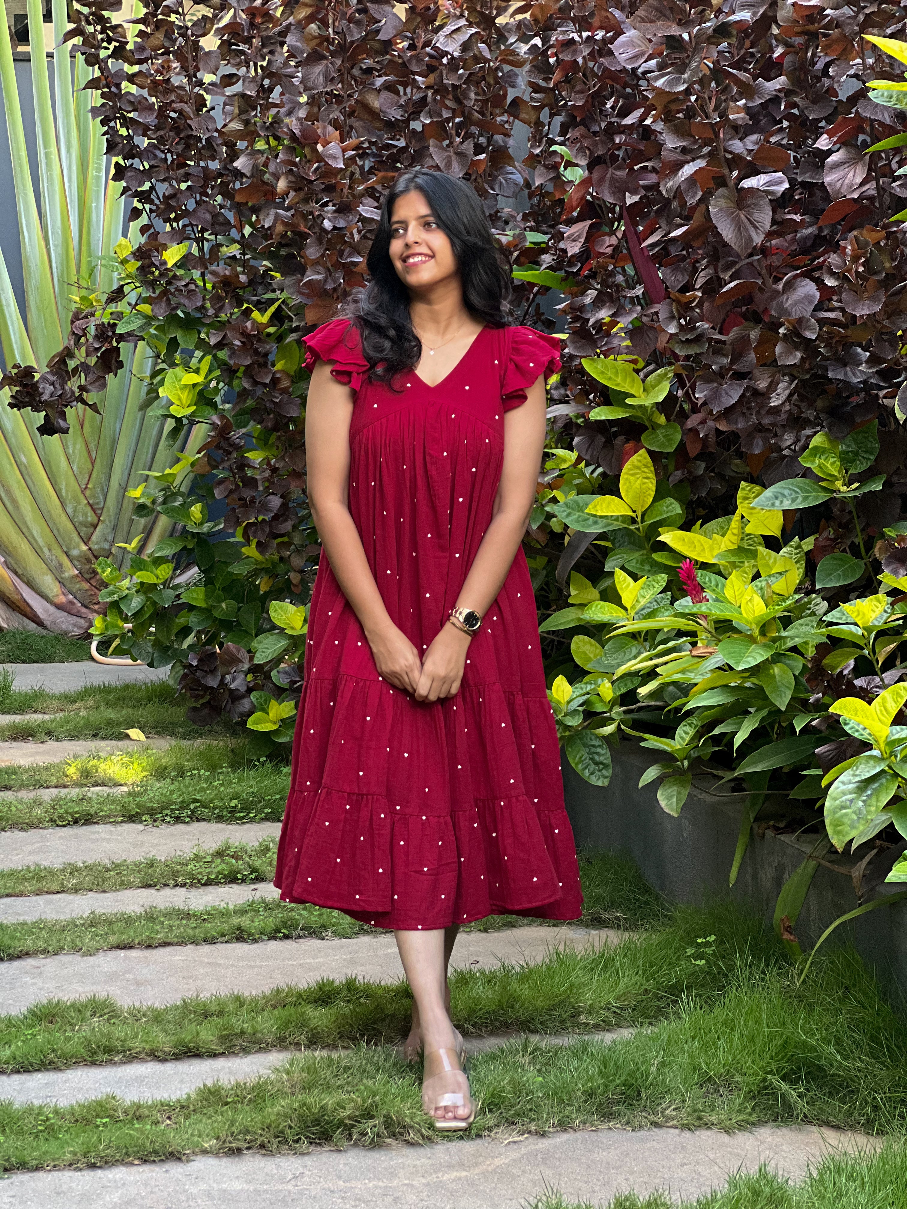 Angelisa - Red Muslin Cotton Heart Print Dress