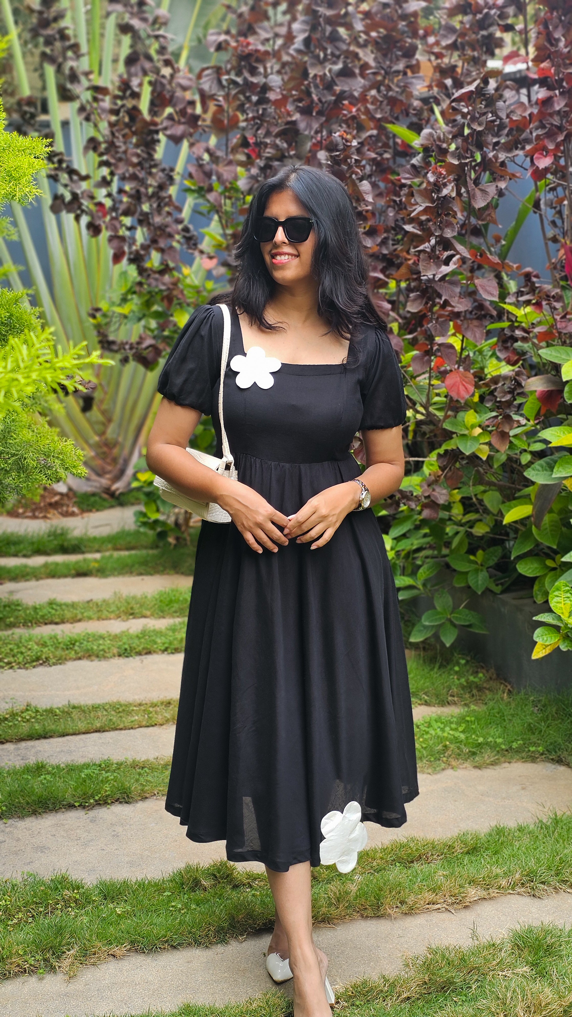 My Princess - Black Viscose Linen Floral Patchwork Flared Dress