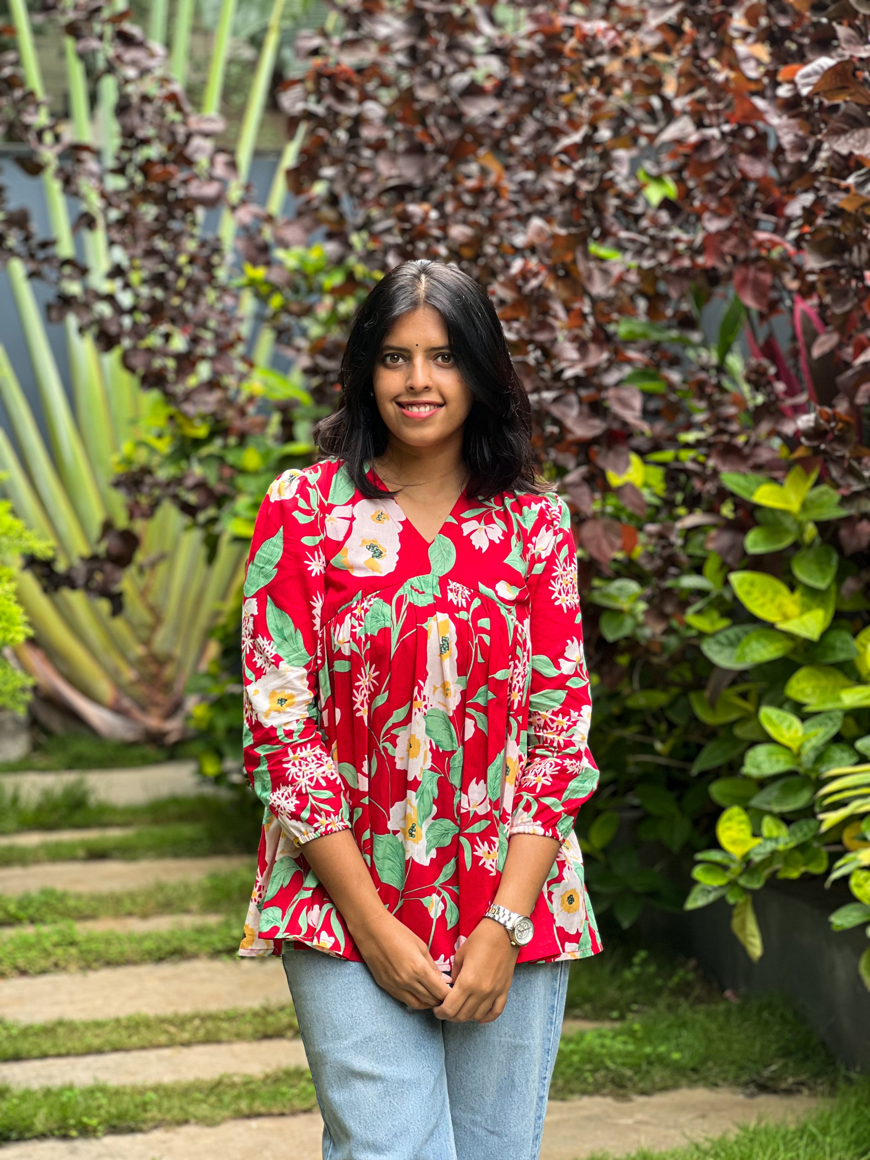 Miniver Rose - Red Cotton Floral Top