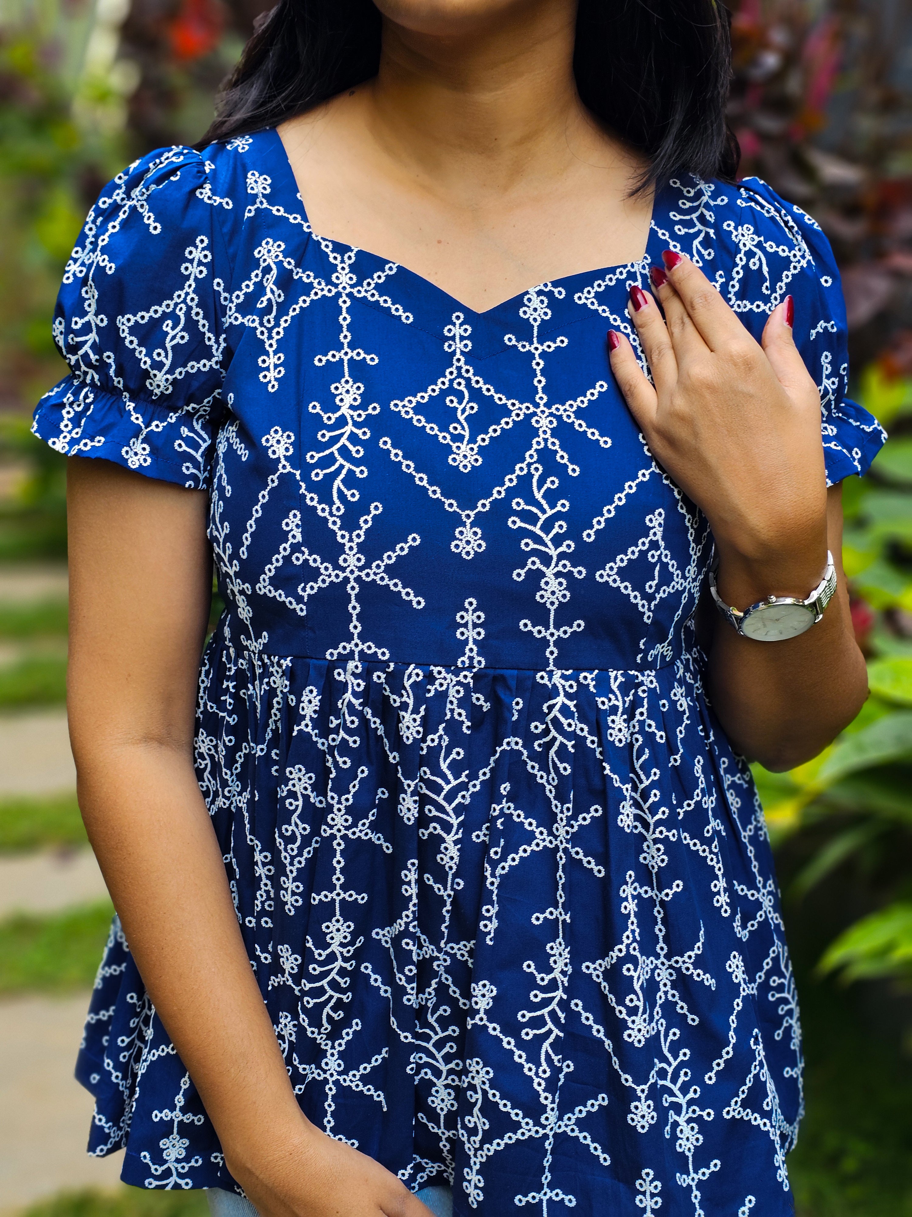 JENNY - Royal Blue Hakoba Print Top