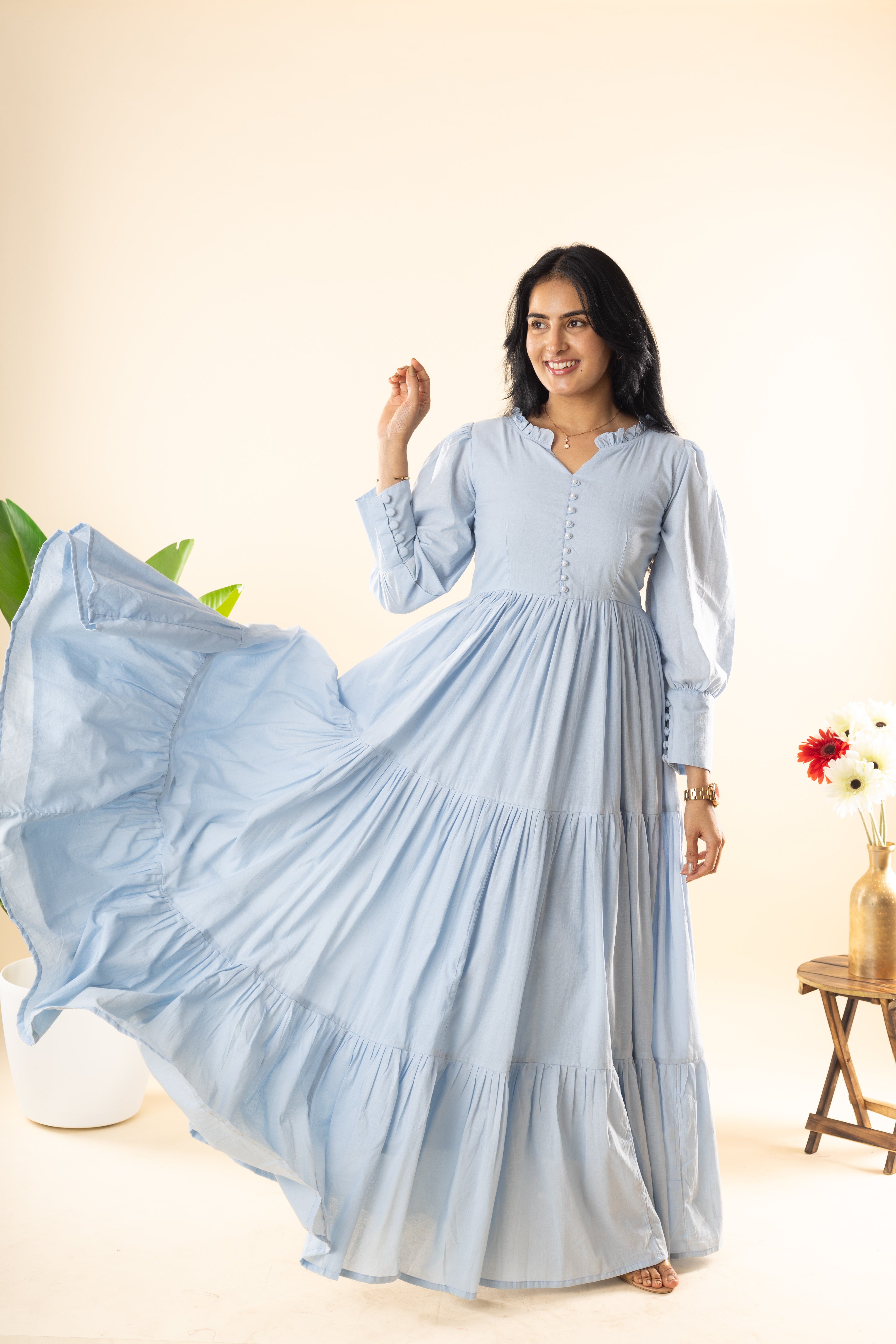 Sayonara - Blue Cambric Cotton 3-Tier Flared Dress
