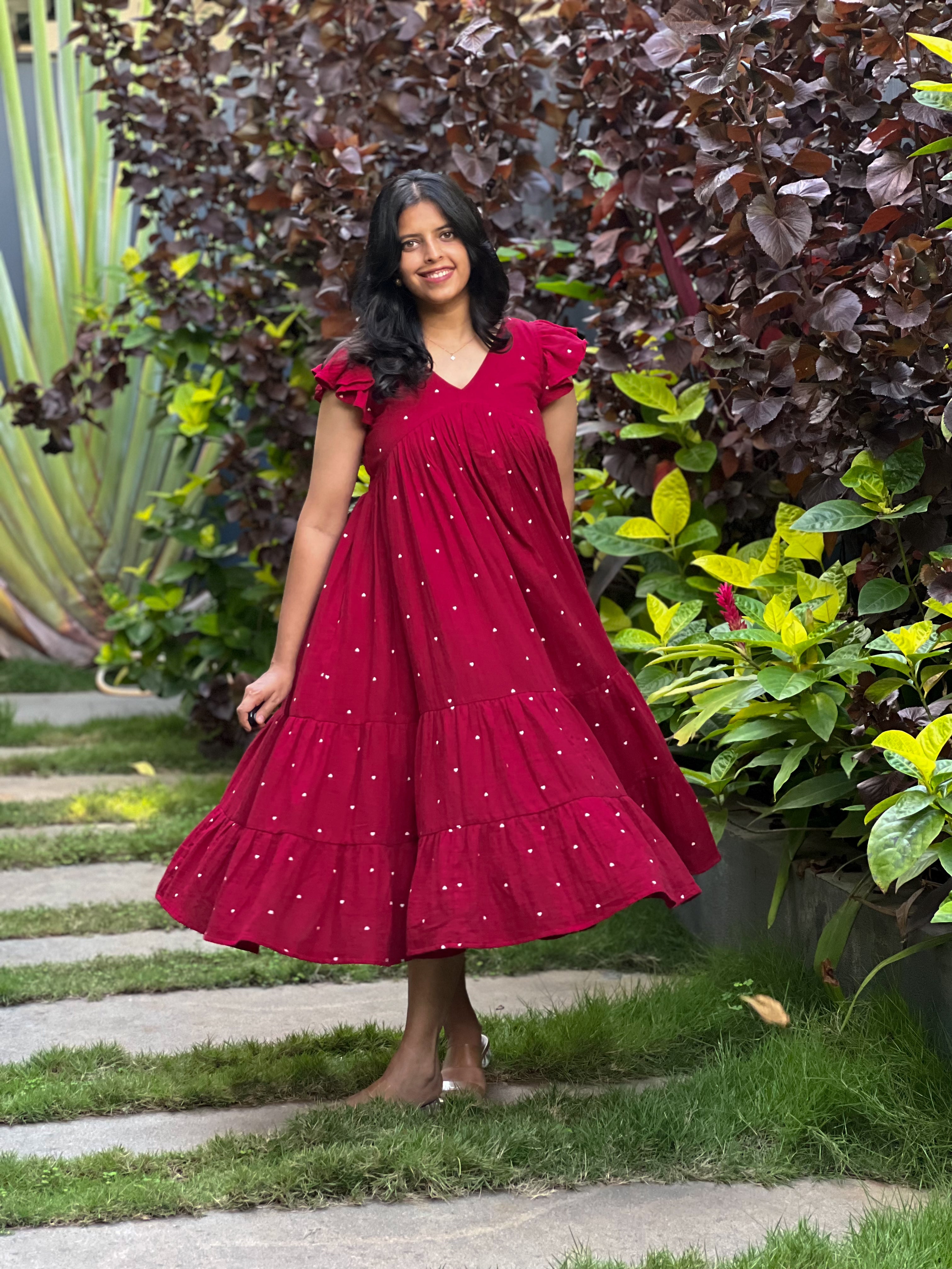 Angelisa - Red Muslin Cotton Heart Print Dress