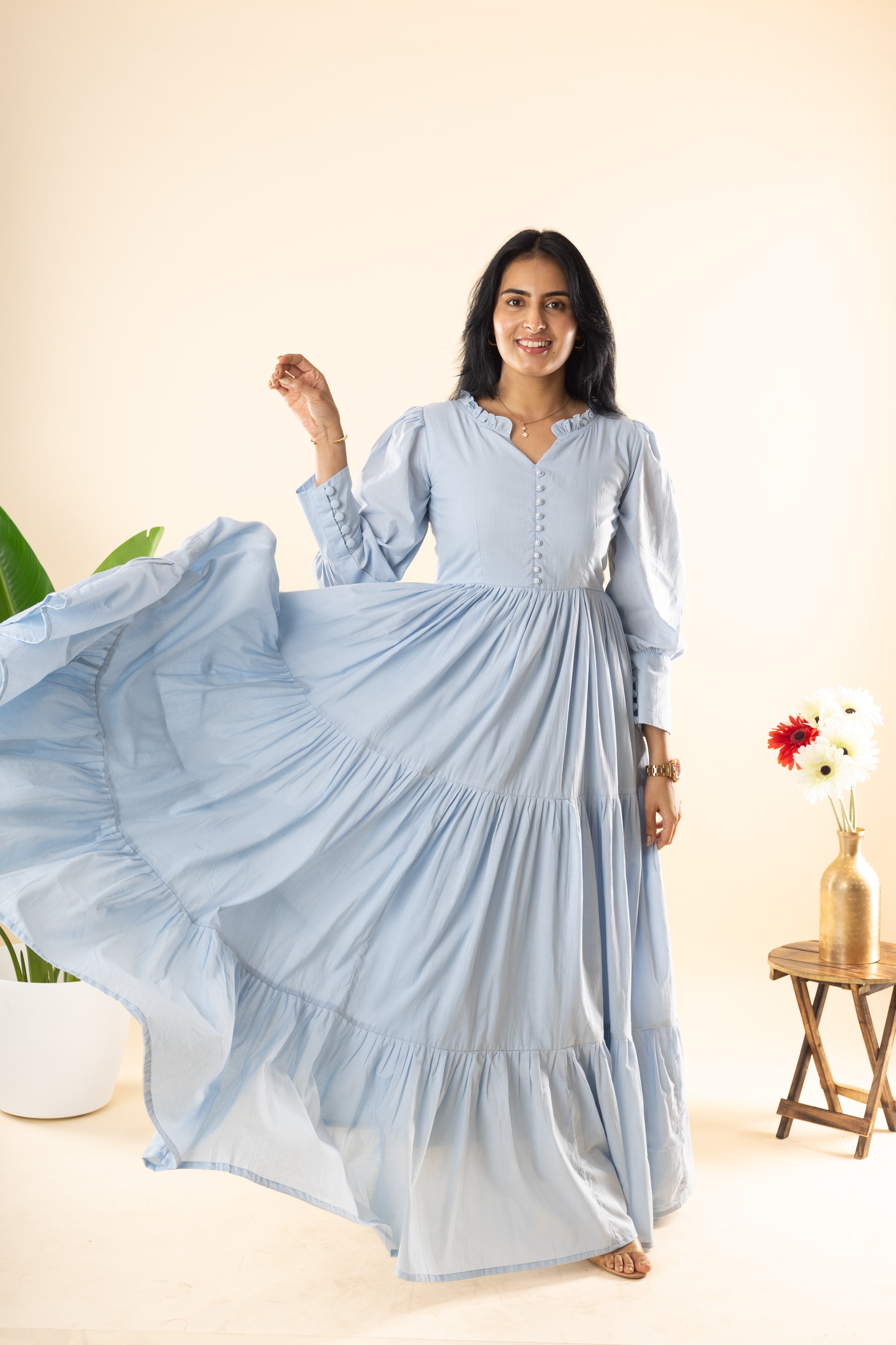 Sayonara - Blue Cambric Cotton 3-Tier Flared Dress
