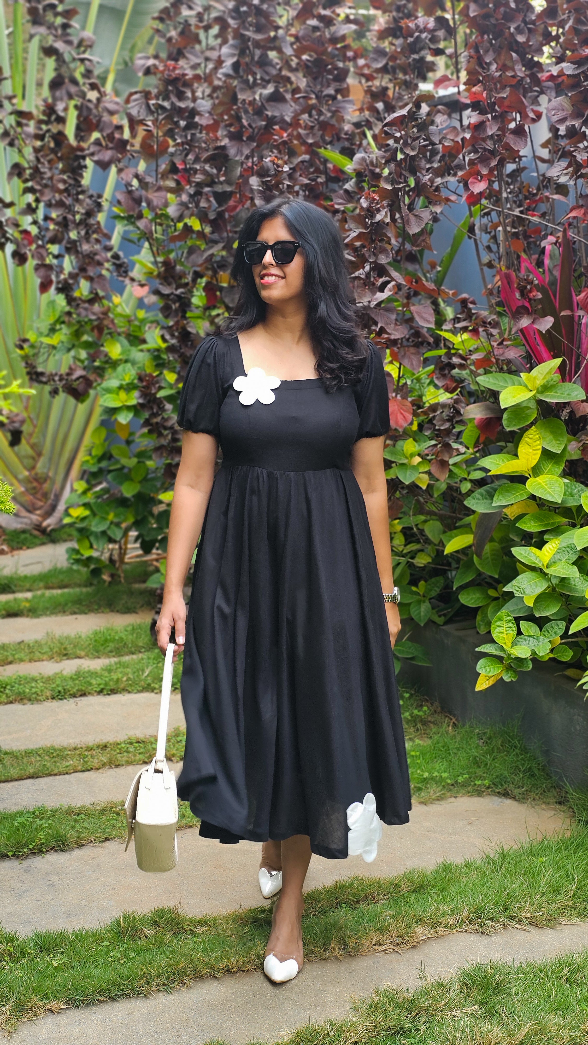 My Princess - Black Viscose Linen Floral Patchwork Flared Dress