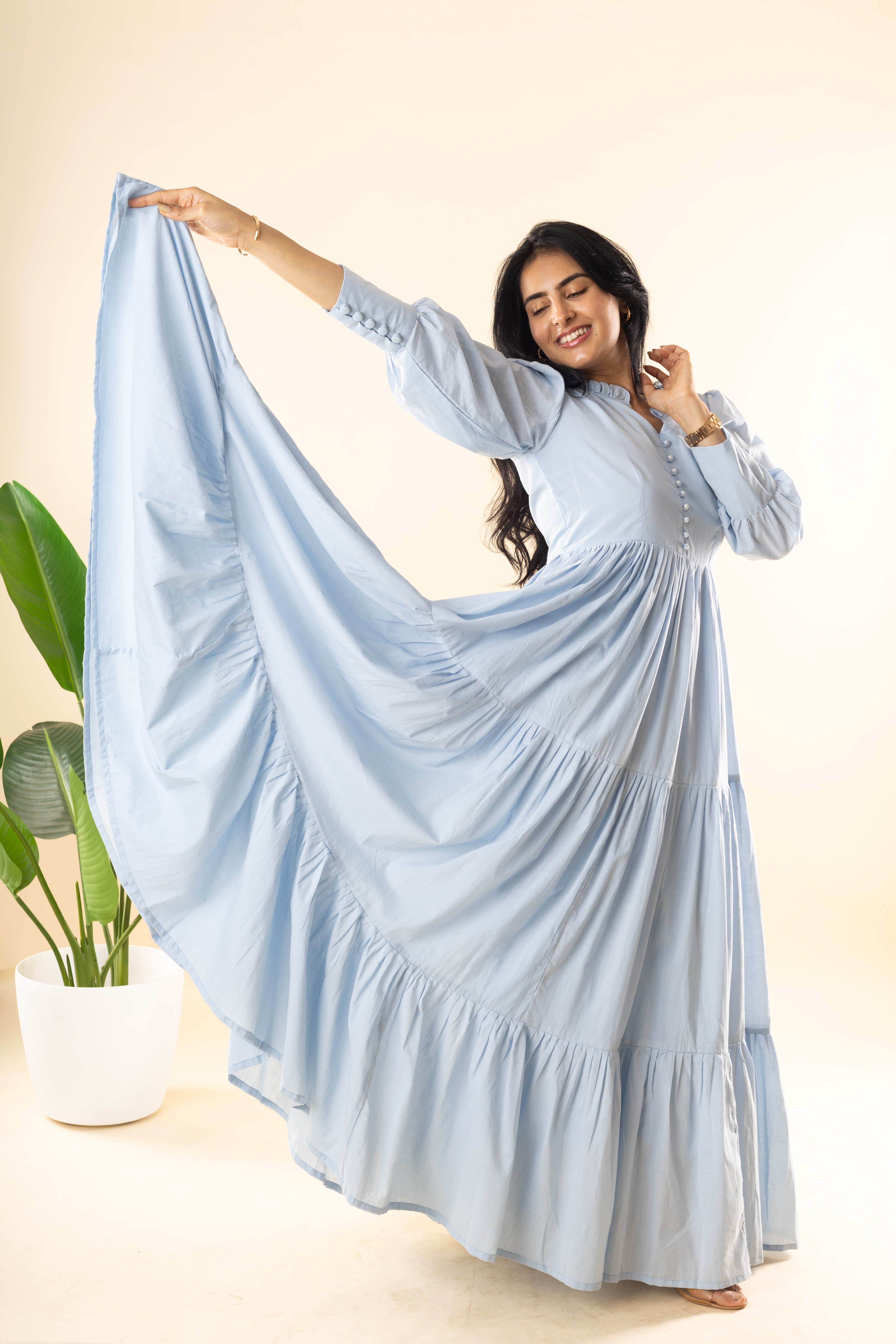 Sayonara - Blue Cambric Cotton 3-Tier Flared Dress