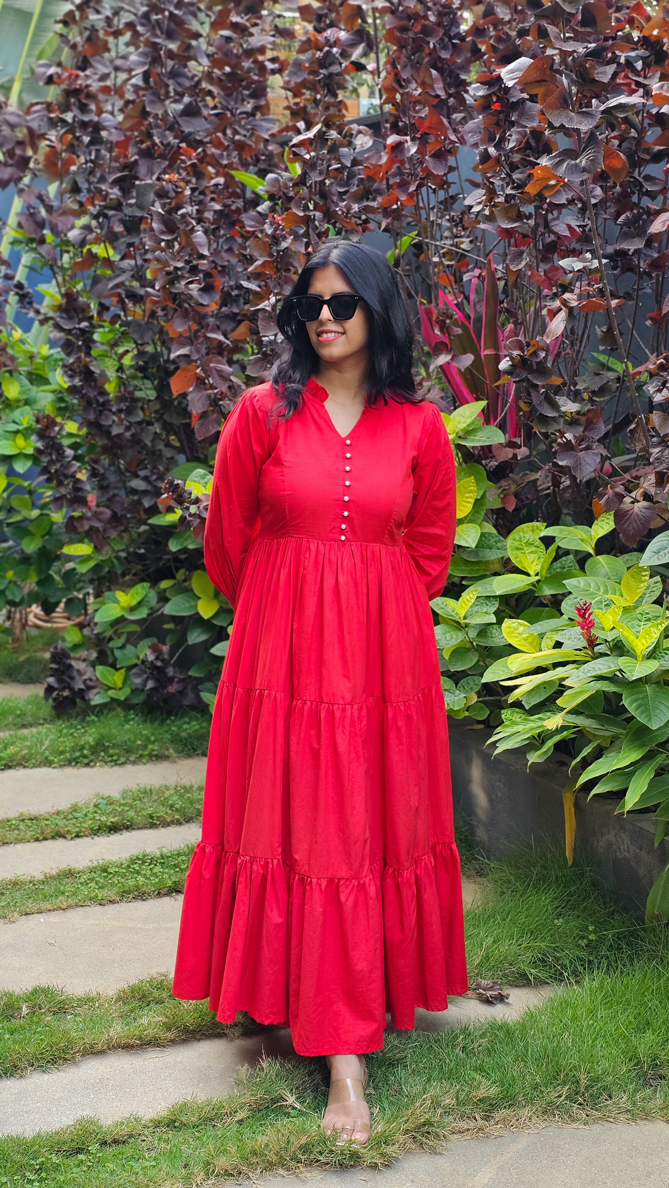 Sayonara - Red Cambric Cotton 3-Tier Flared Dress