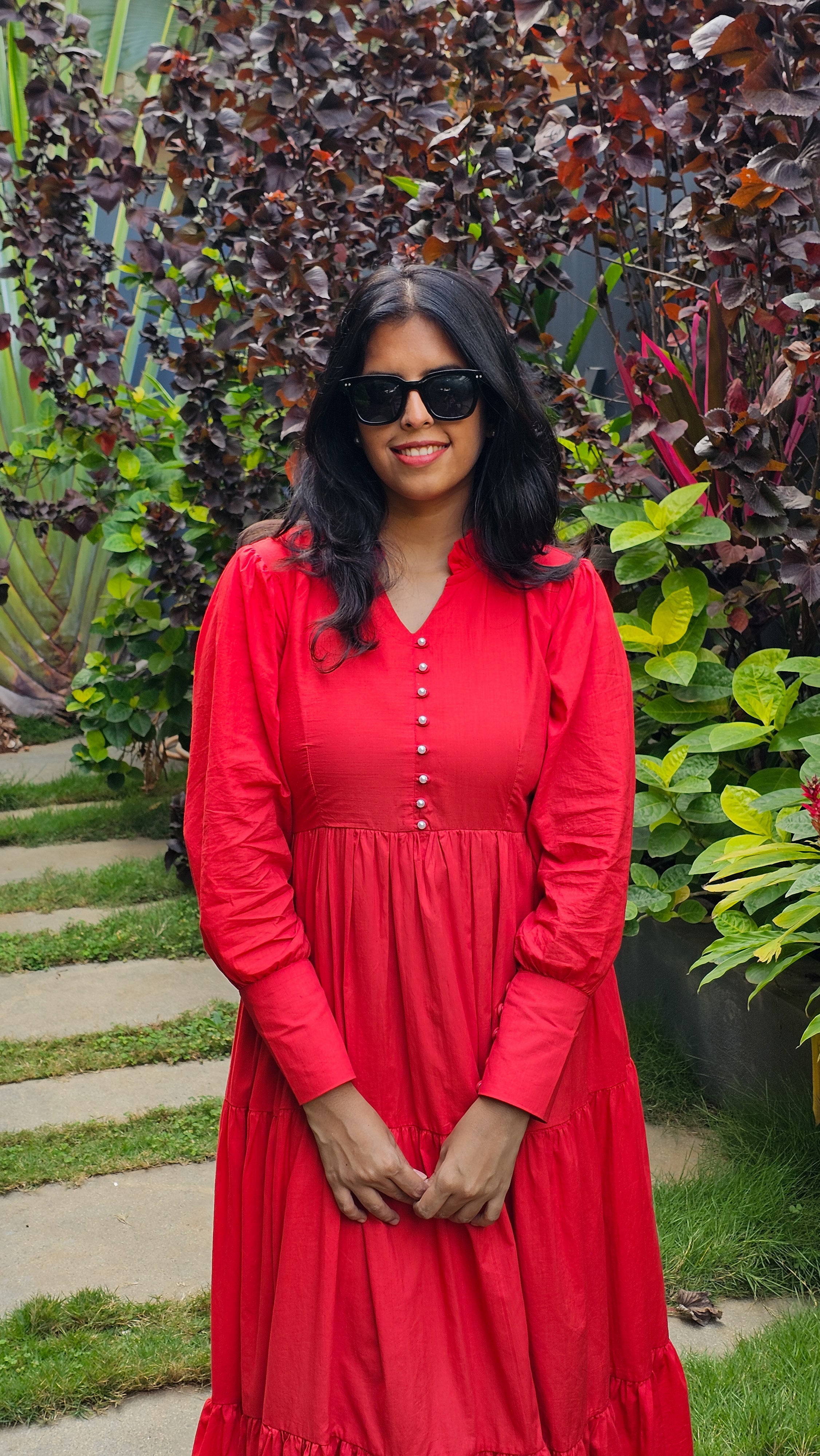 Sayonara - Red Cambric Cotton 3-Tier Flared Dress