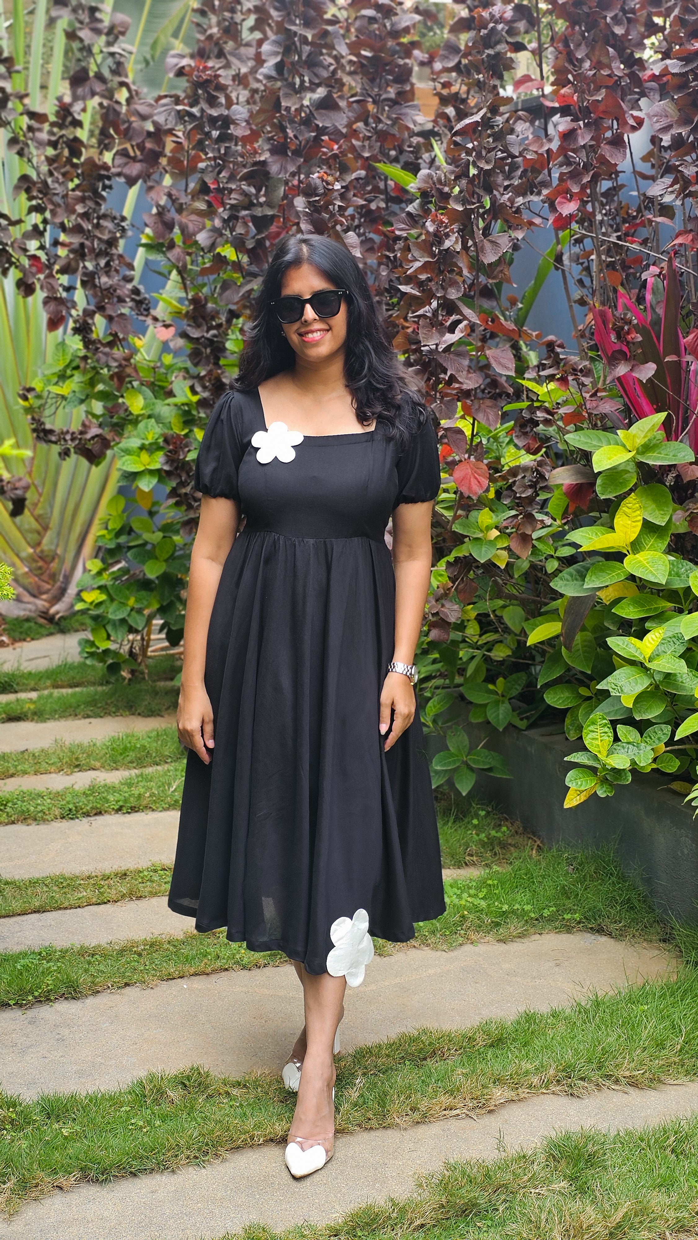 My Princess - Black Viscose Linen Floral Patchwork Flared Dress
