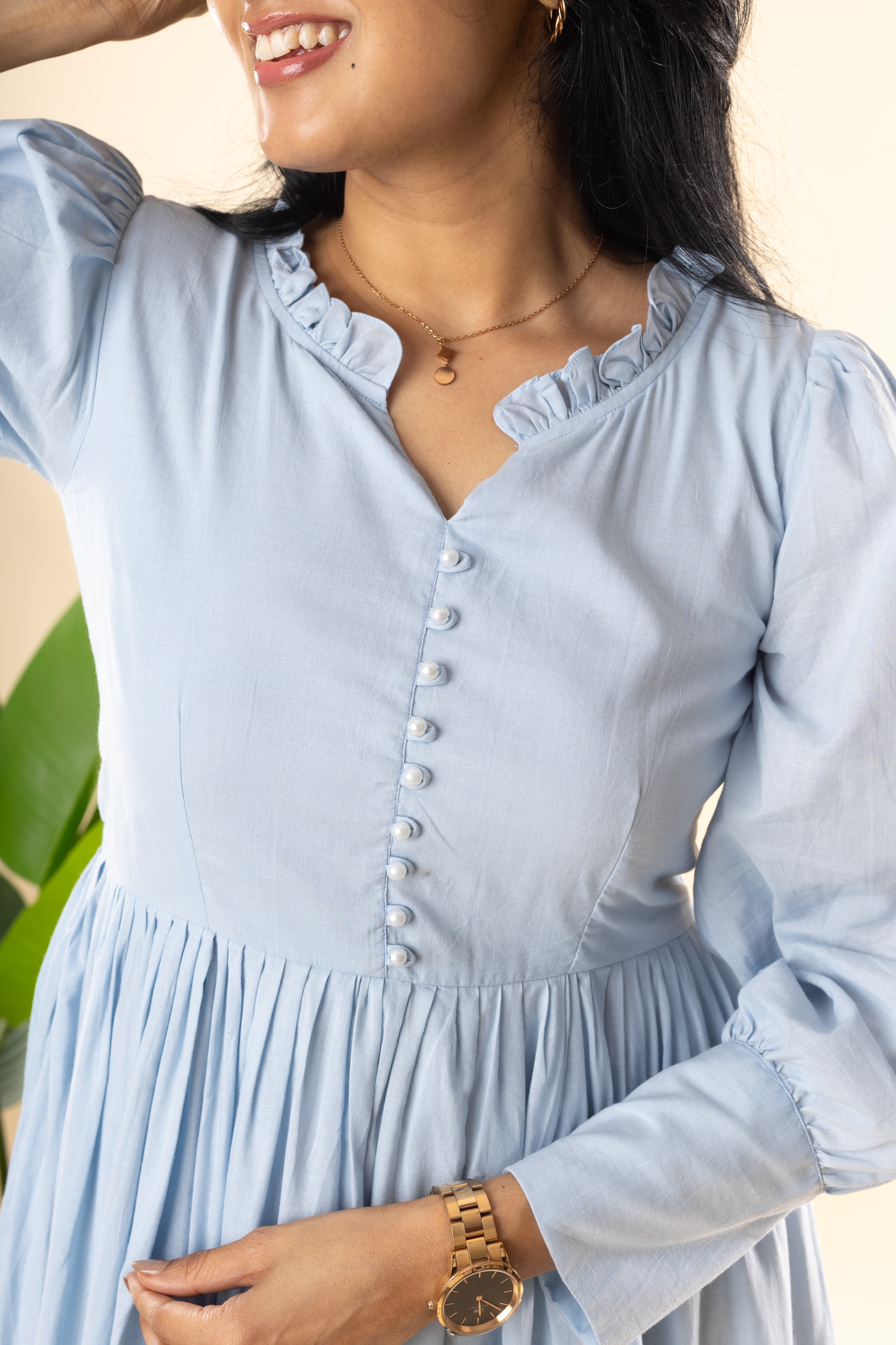 Sayonara - Blue Cambric Cotton 3-Tier Flared Dress