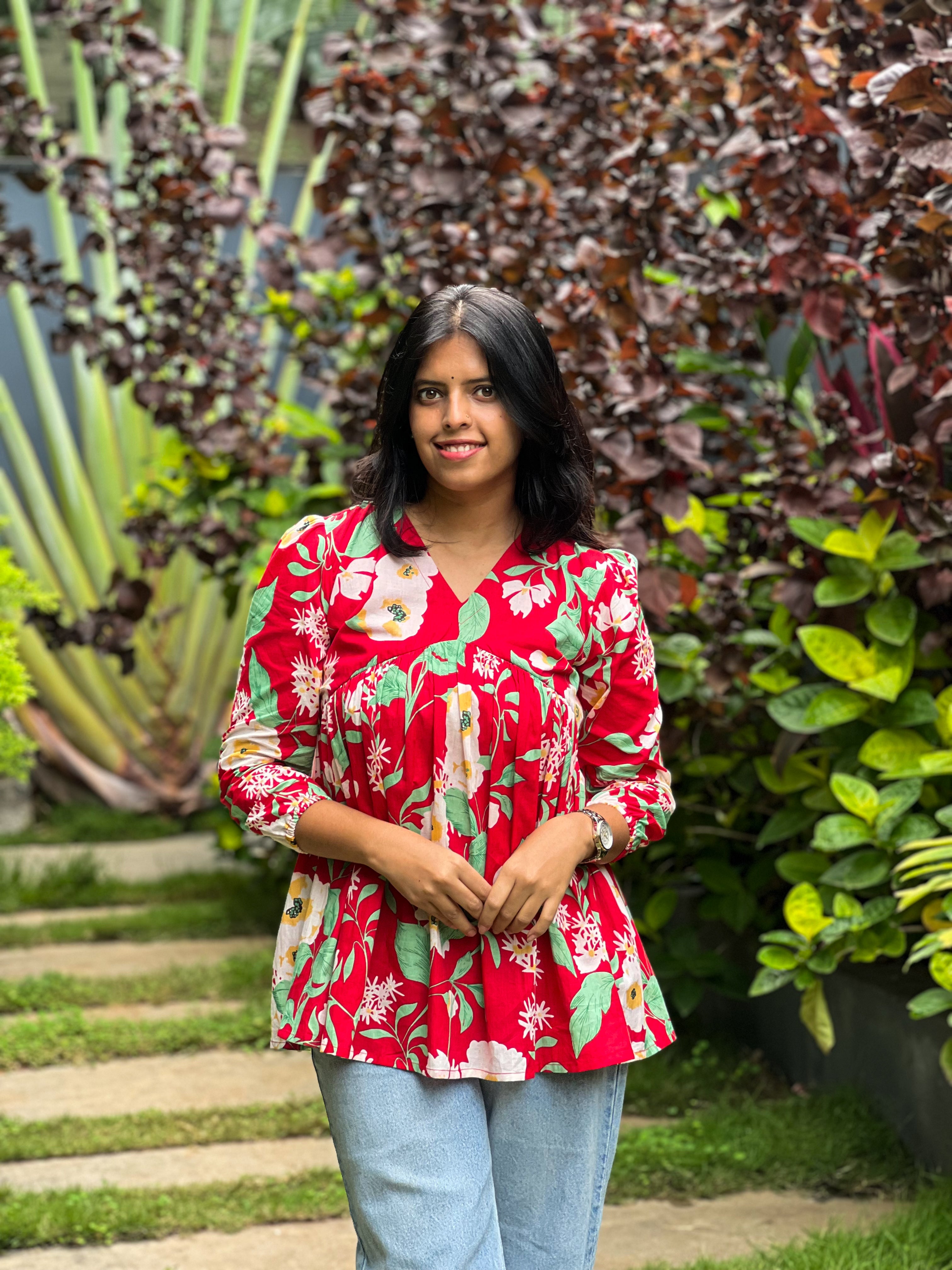 Miniver Rose - Red Cotton Floral Top