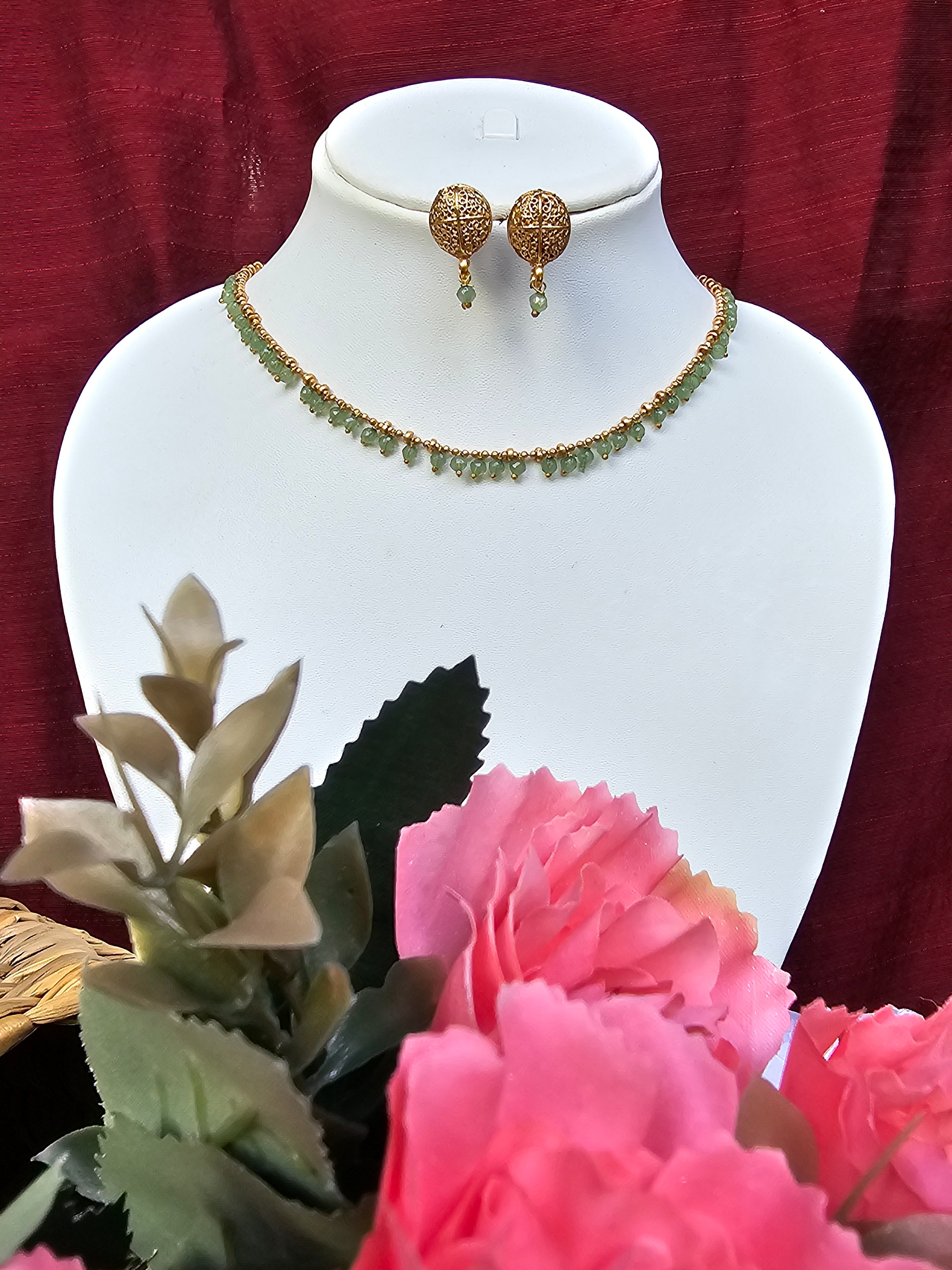 Lakshya - Gold bead with Green Crystal Drop Necklace Set