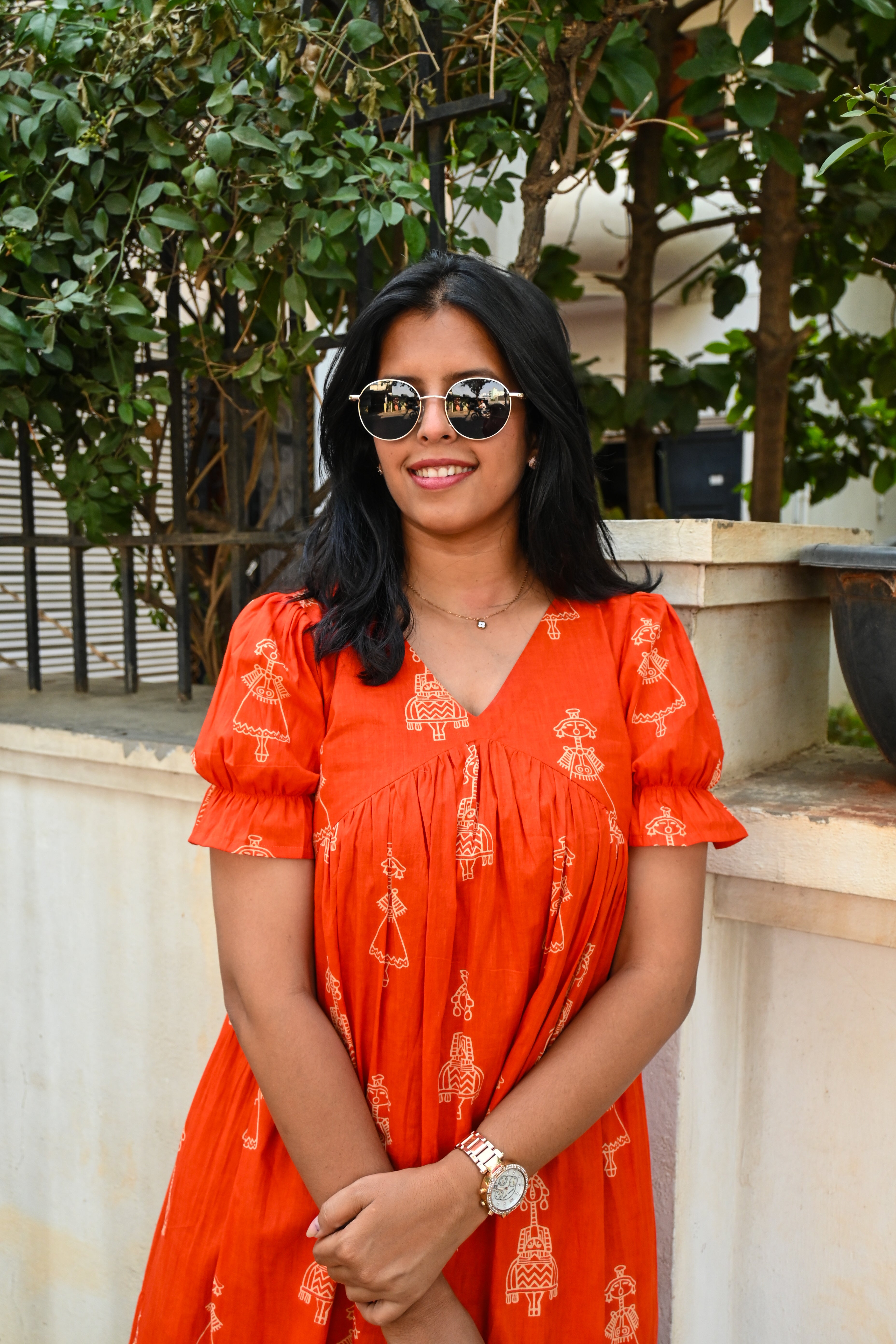 Orange Cotton 3 Tier Flare Midi Dress