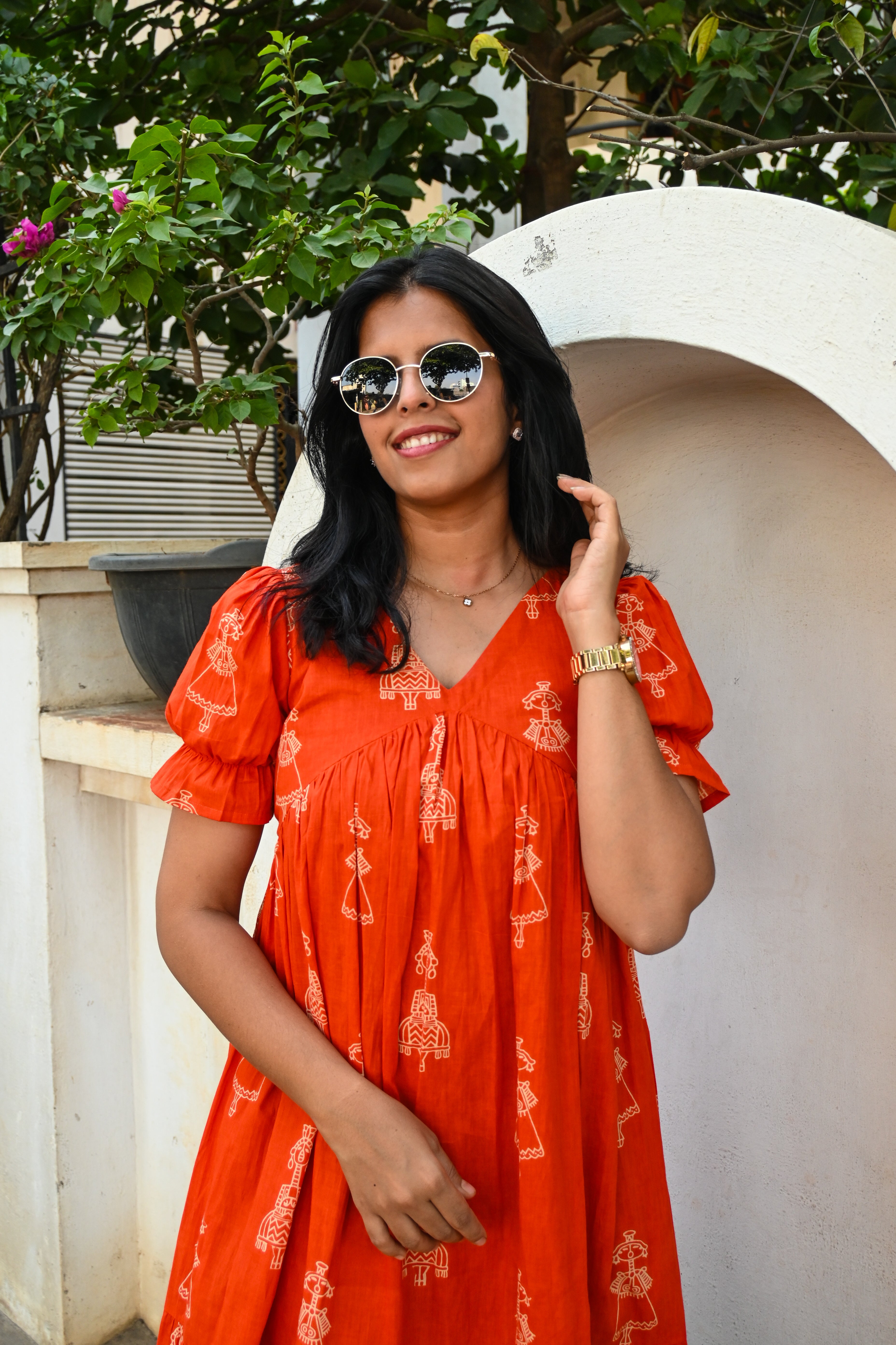 Orange Cotton 3 Tier Flare Midi Dress