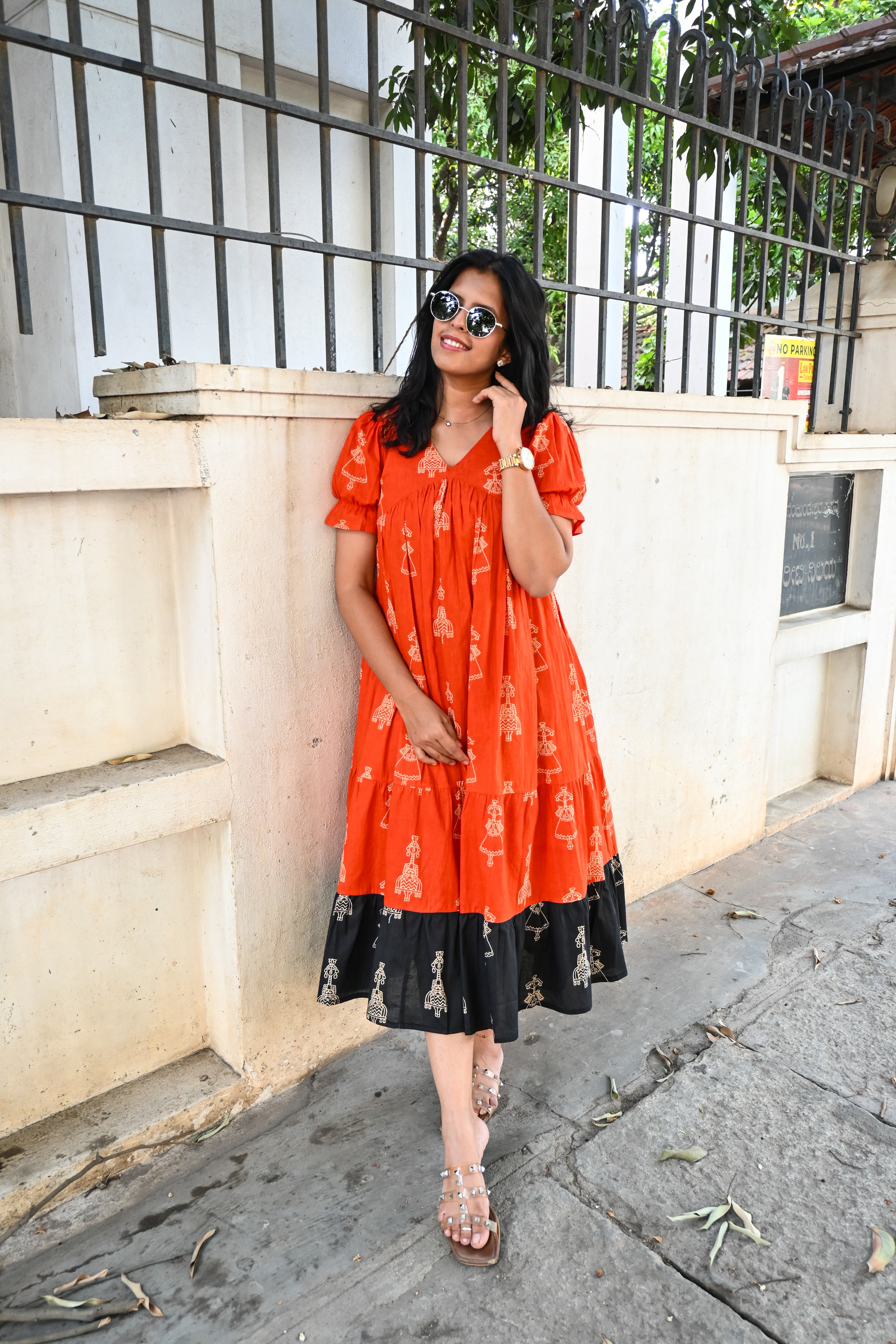 Orange Cotton 3 Tier Flare Midi Dress