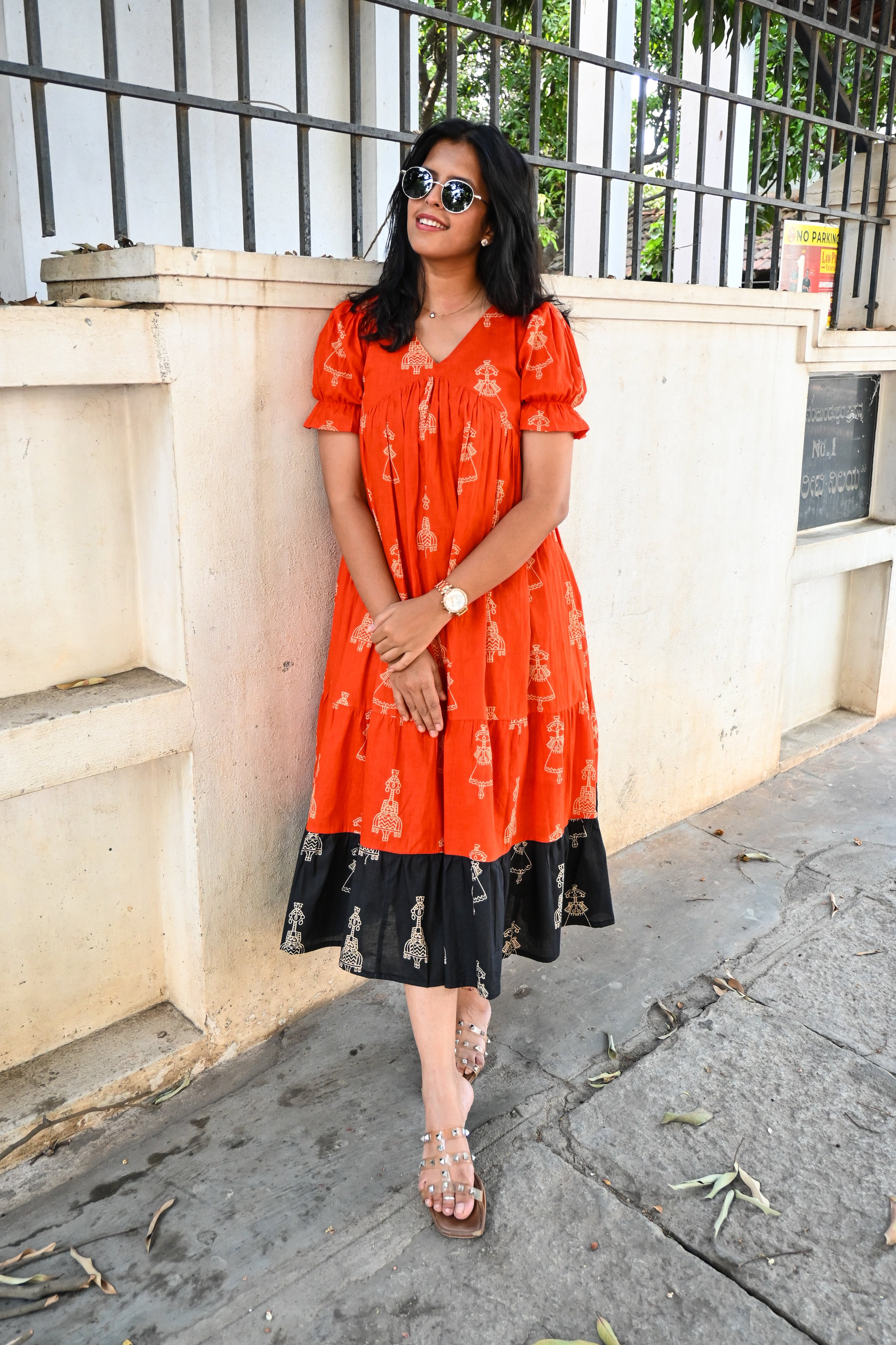 Orange Cotton 3 Tier Flare Midi Dress