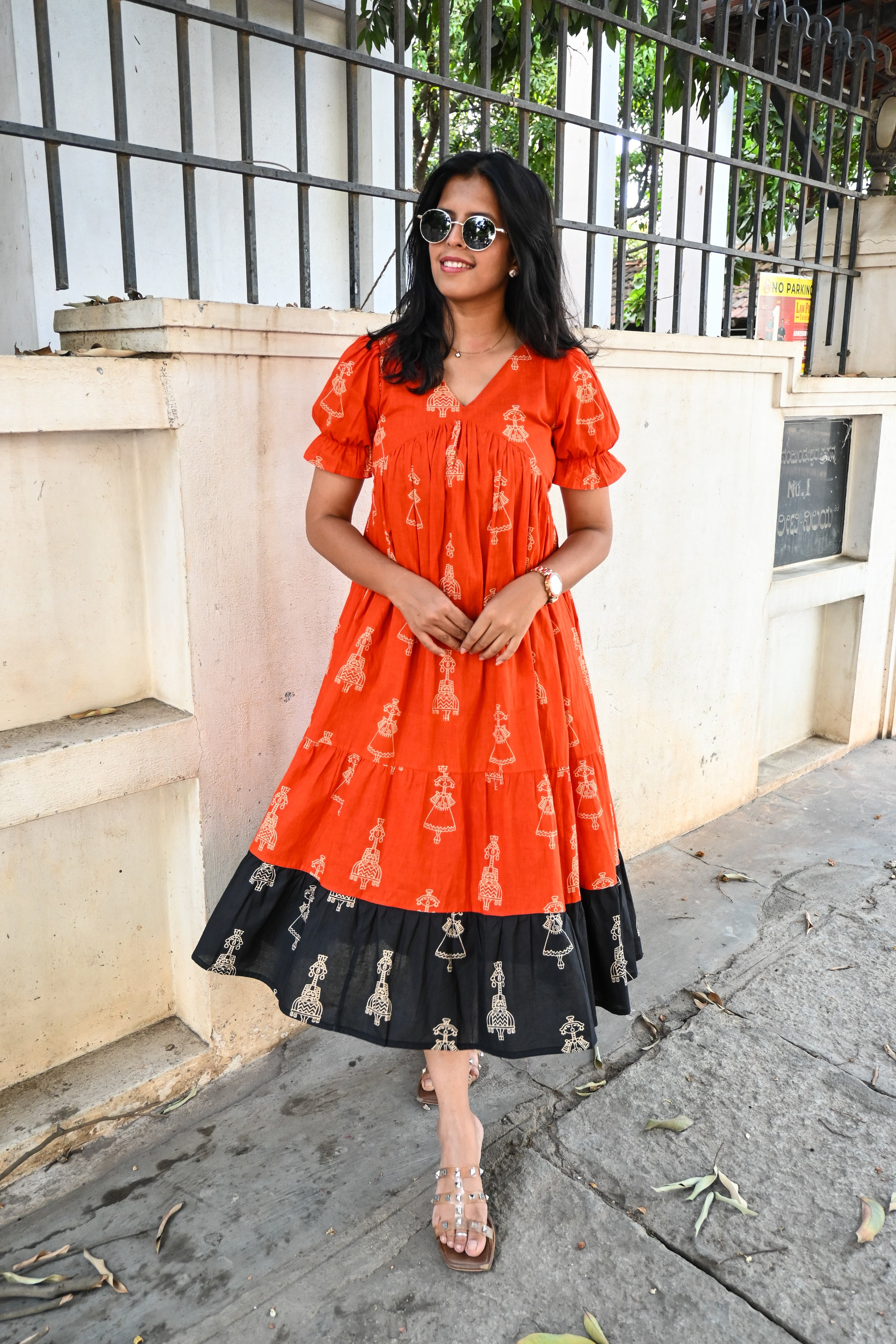 Orange Cotton 3 Tier Flare Midi Dress