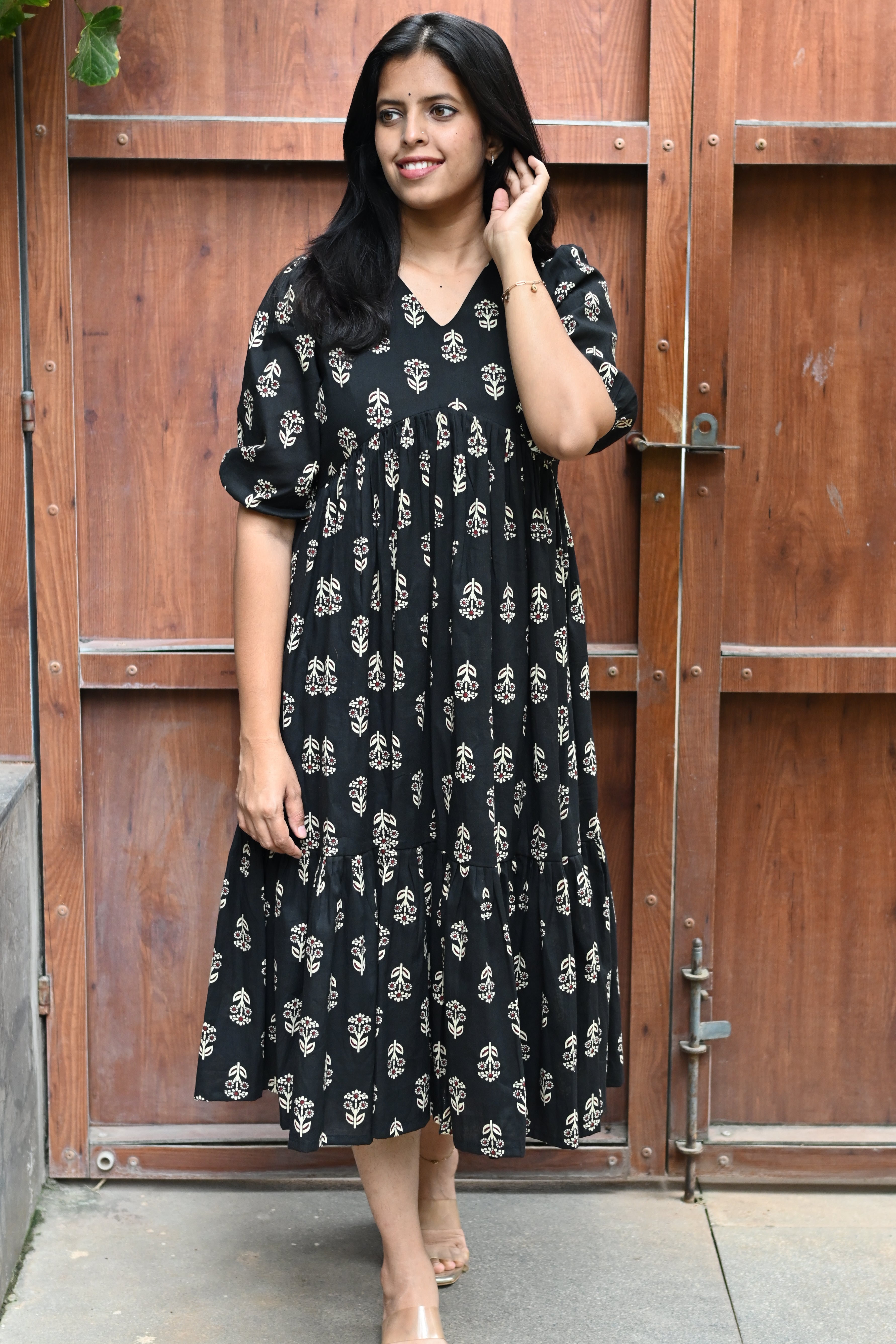 Black Cotton Floral Print Fit & Flare Midi Dress