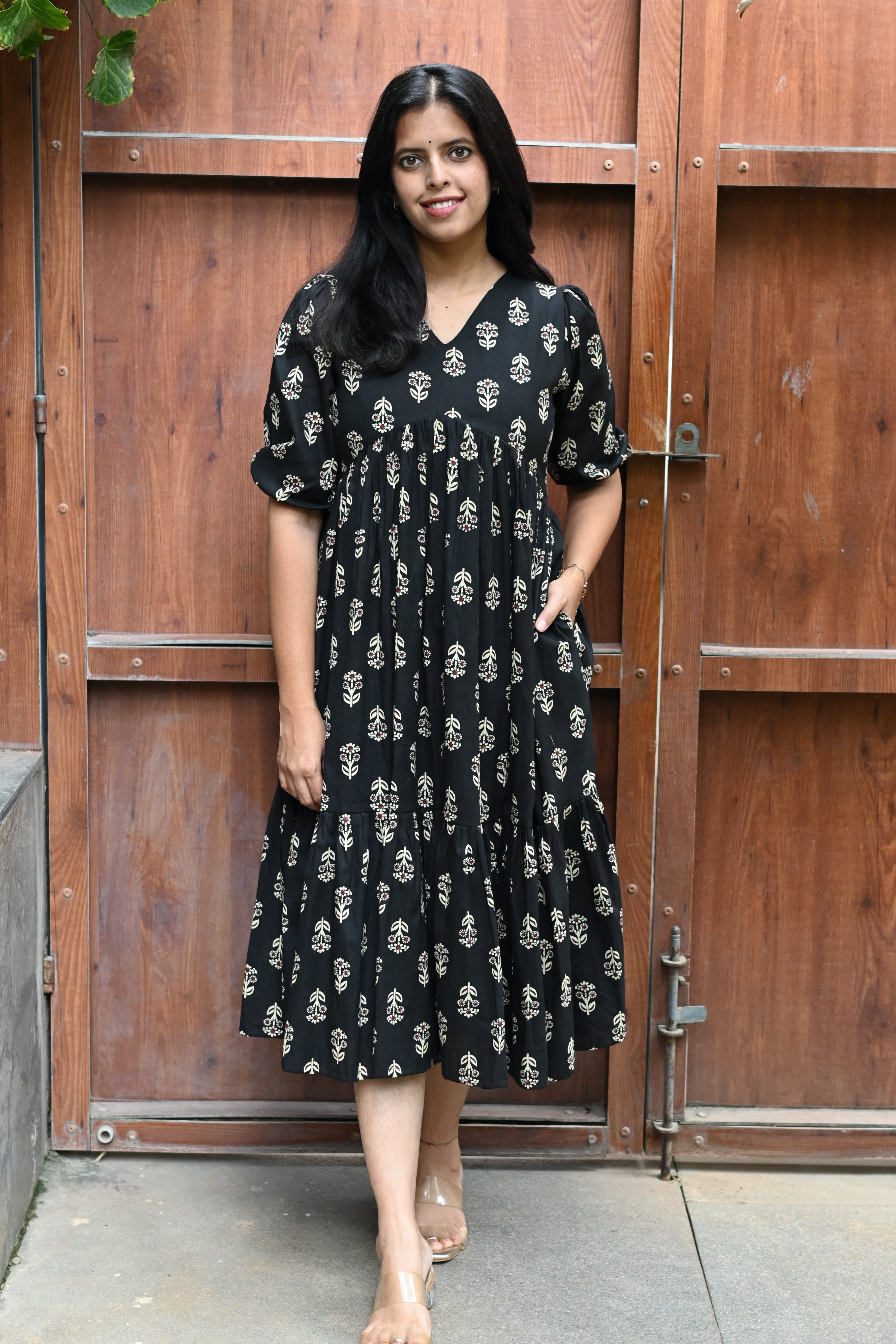 Black Cotton Floral Print Fit & Flare Midi Dress