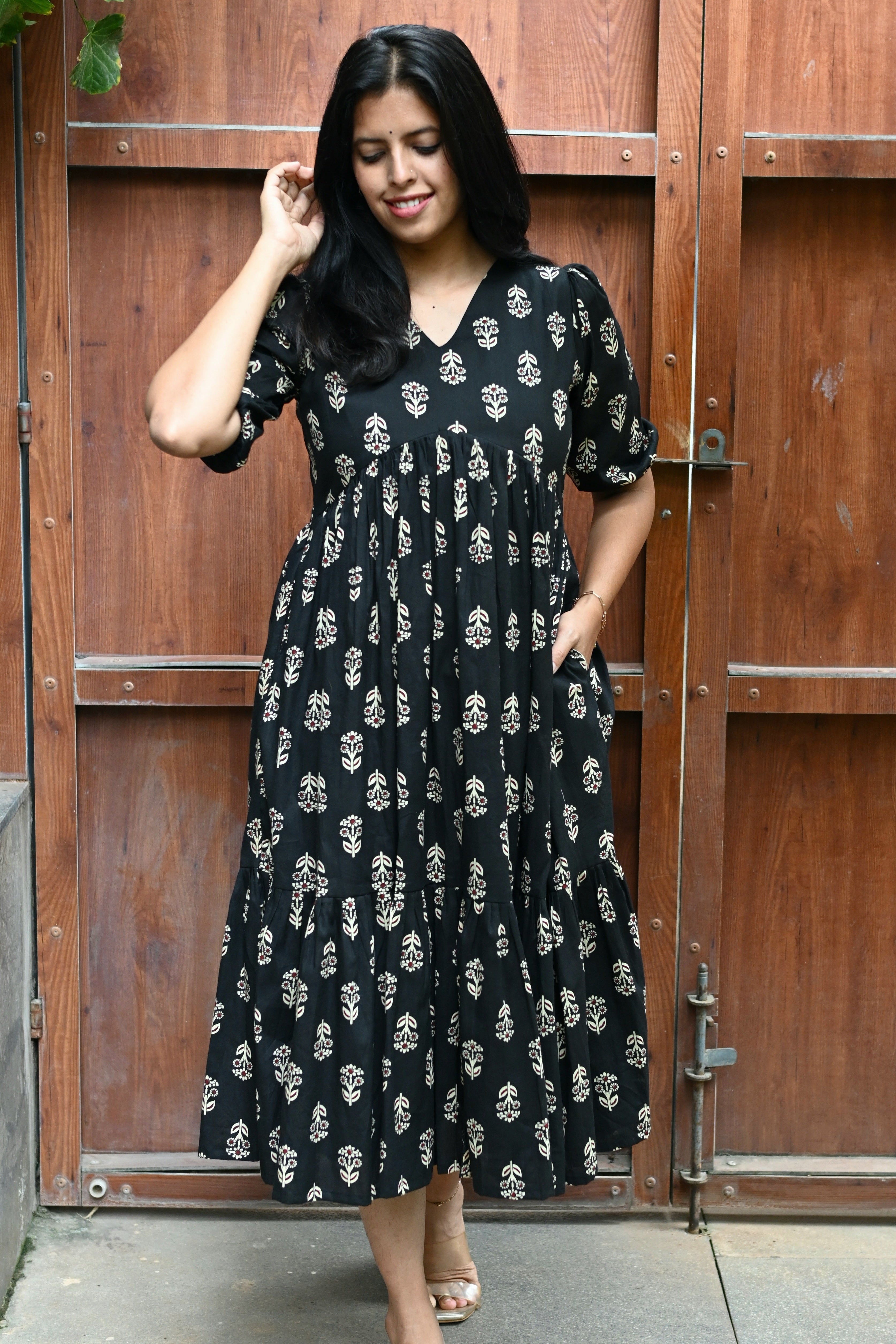 Black Cotton Floral Print Fit & Flare Midi Dress