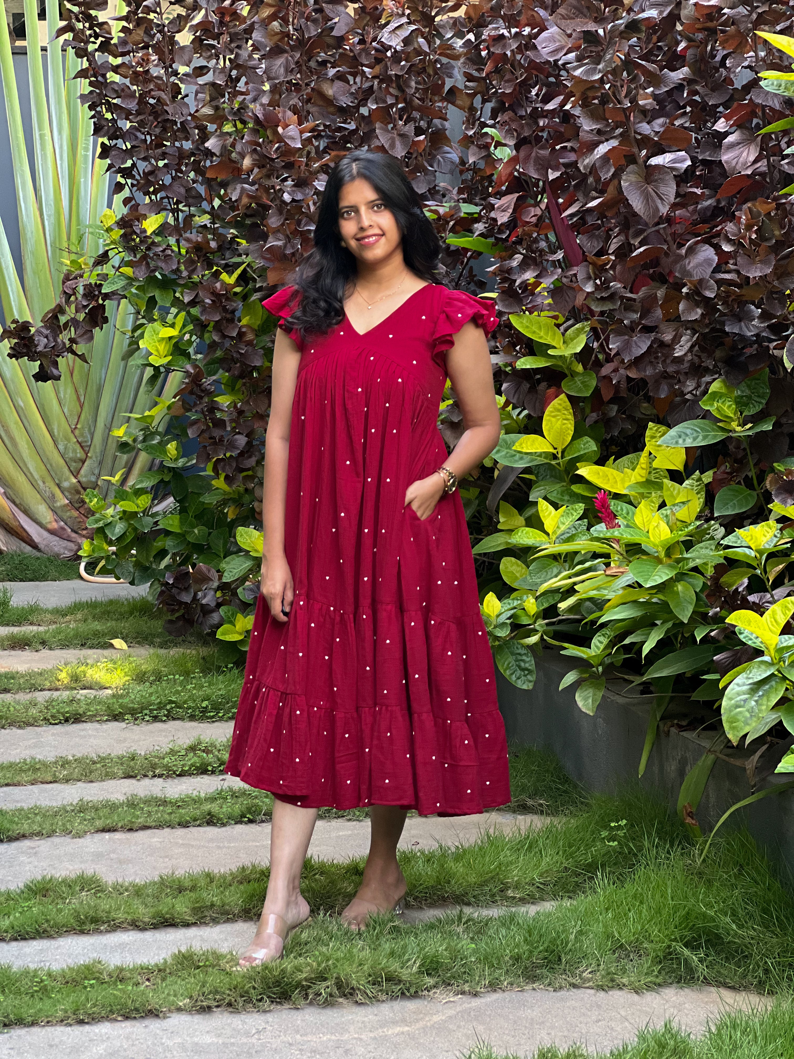 Angelisa - Red Muslin Cotton Heart Print Dress