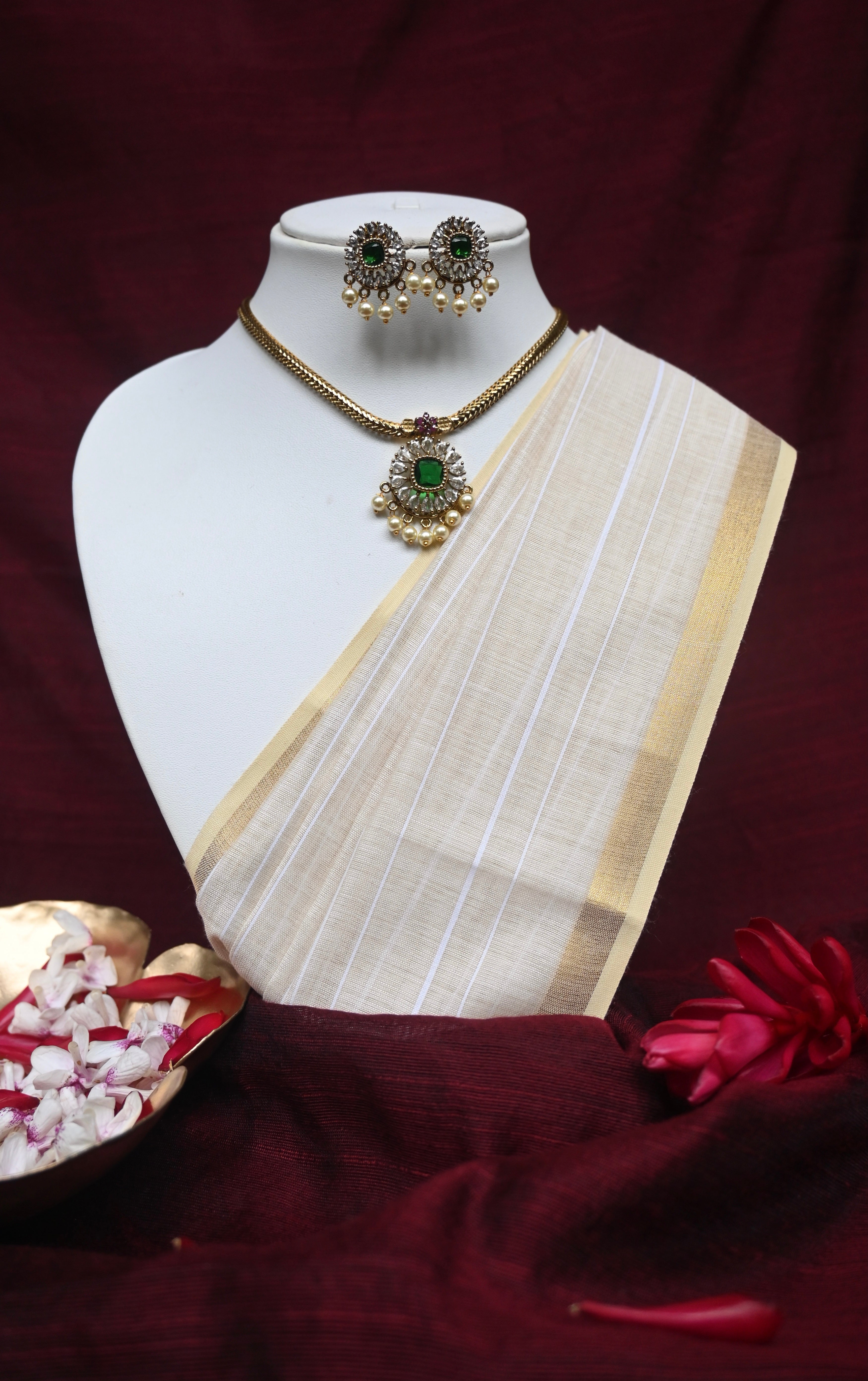 Reeva - Green Kundan Stone With Pearl Drops