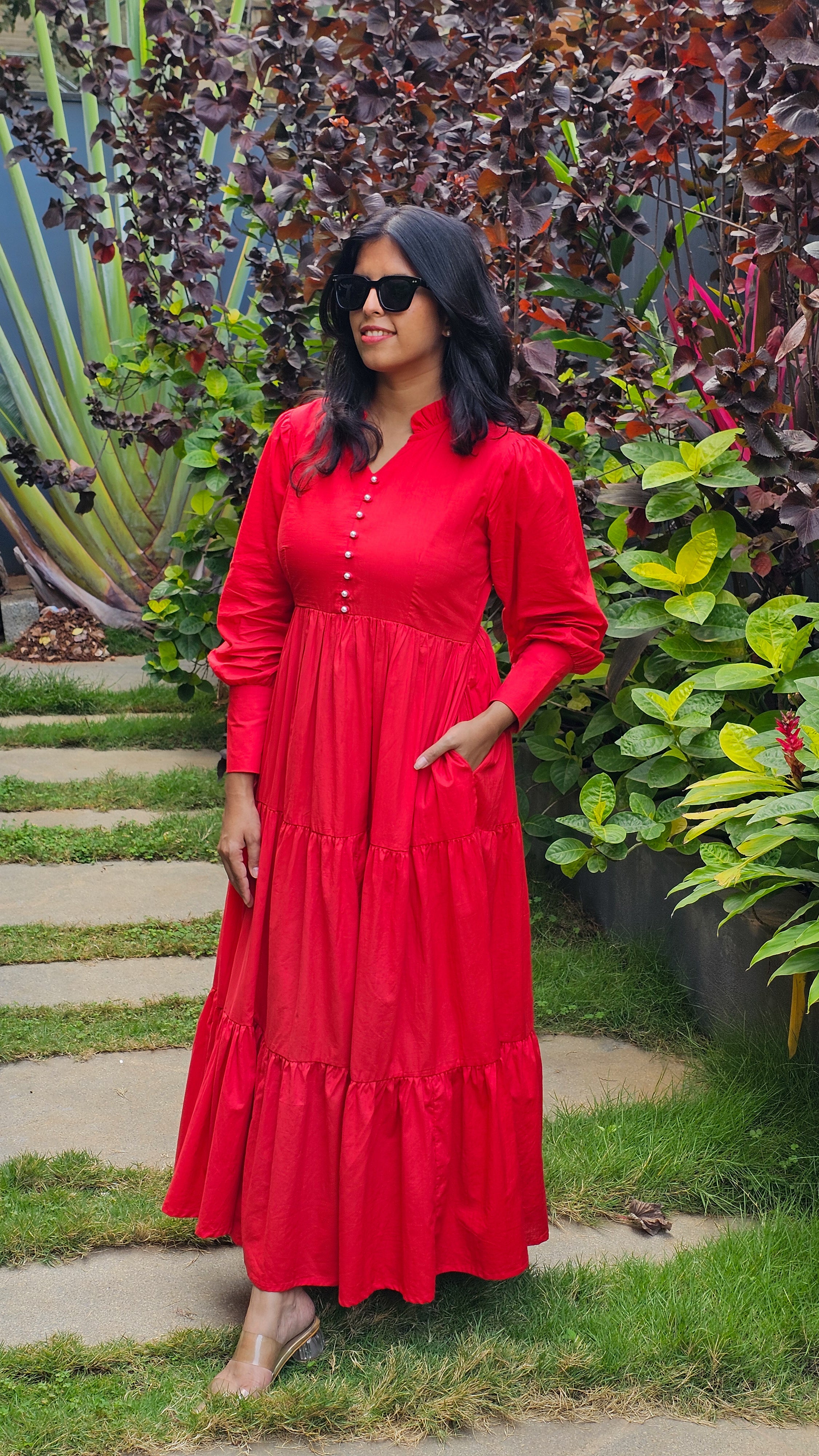 Sayonara - Red Cambric Cotton 3-Tier Flared Dress