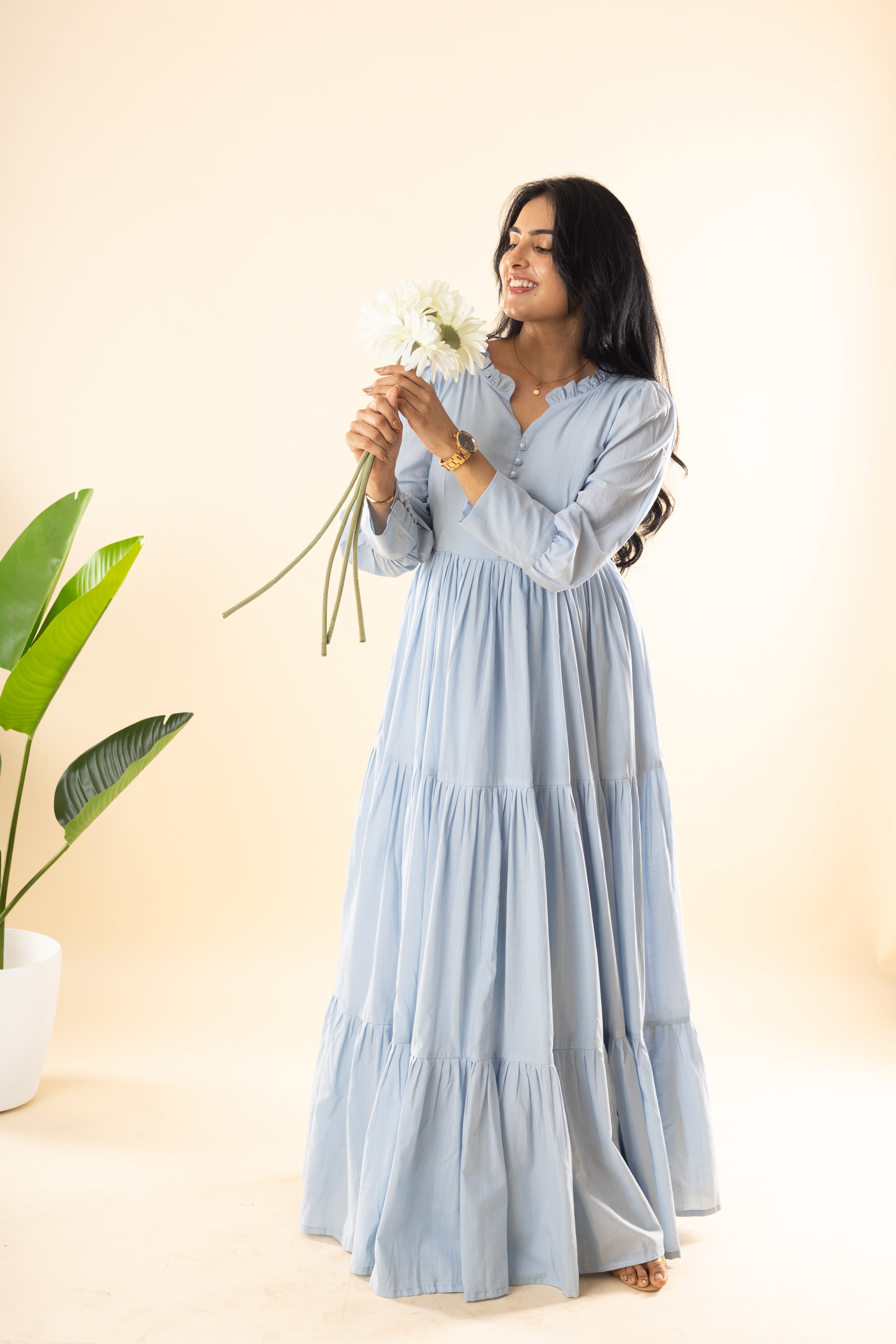 Sayonara - Blue Cambric Cotton 3-Tier Flared Dress