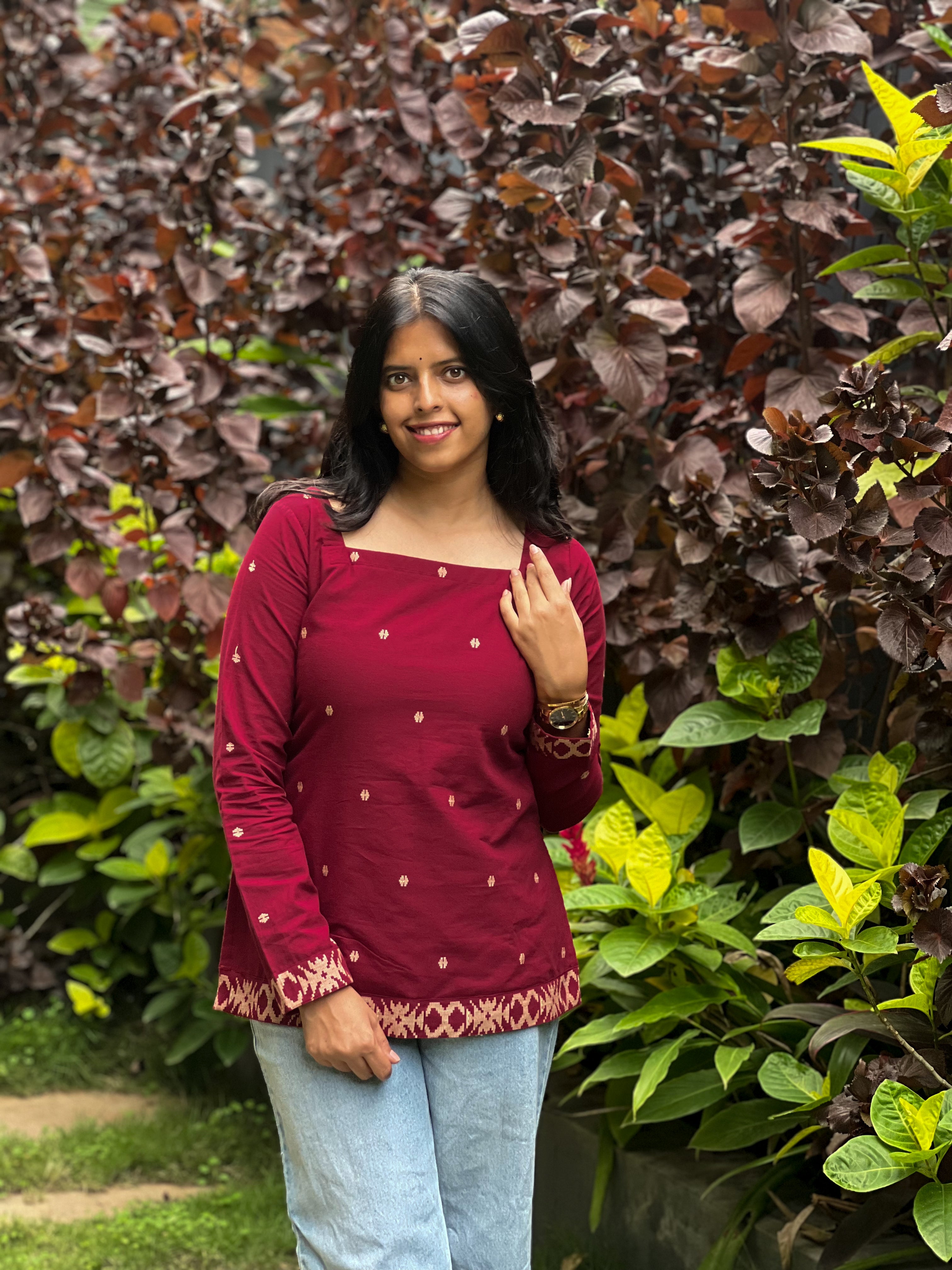 Kadali - Maroon Jamdani Cotton Top