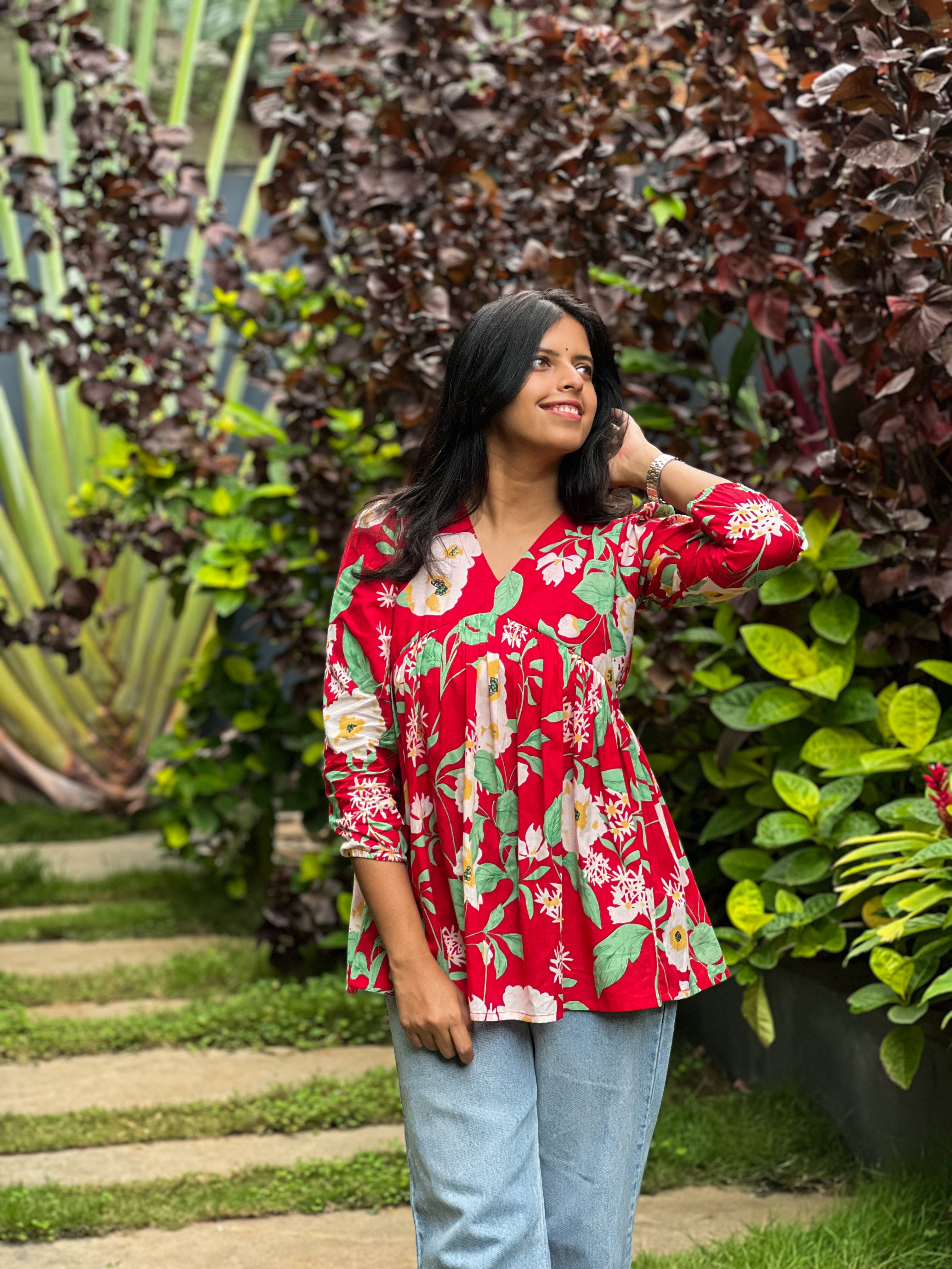 Miniver Rose - Red Cotton Floral Top