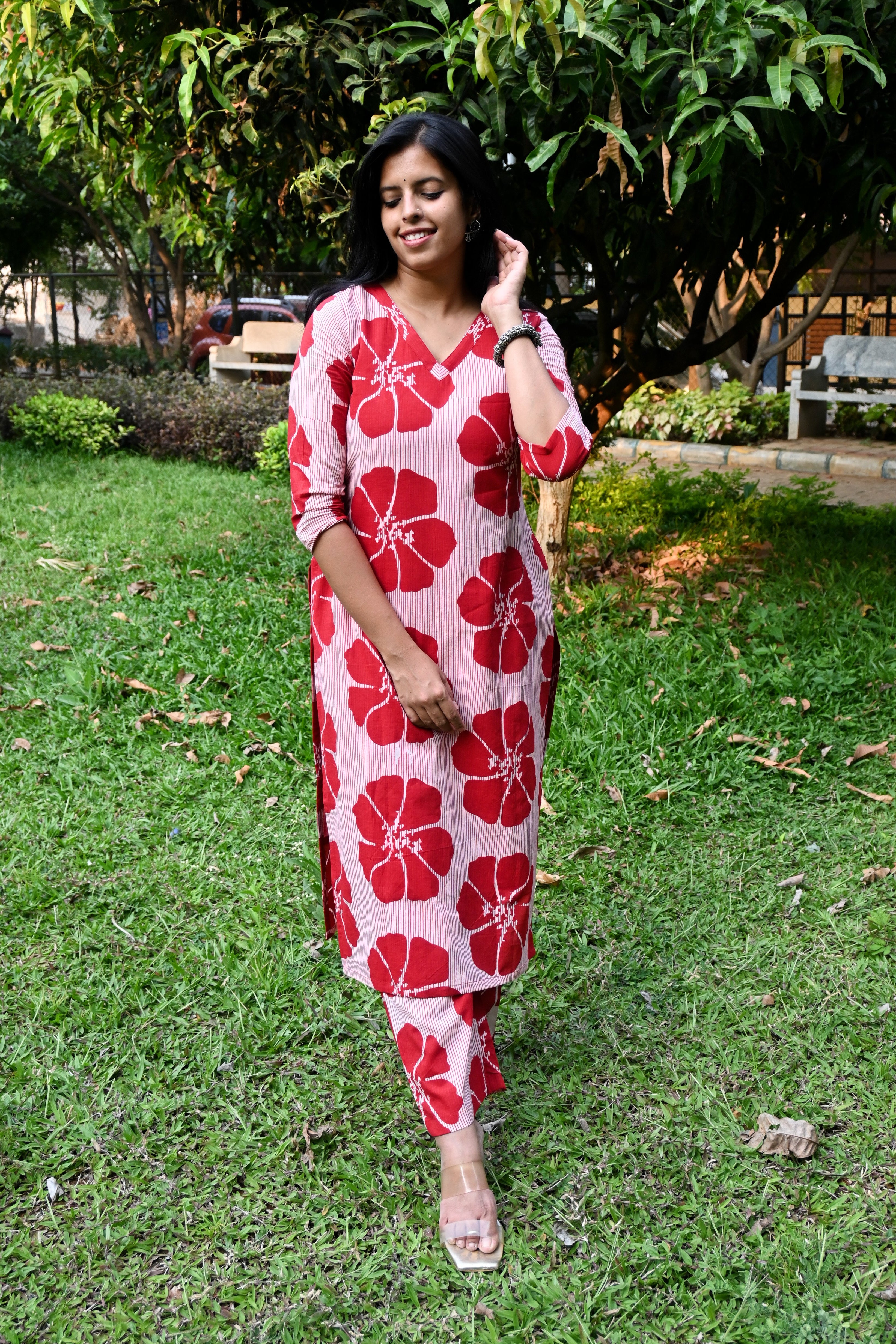 Red Floral Cotton A-Line Co-ord Set
