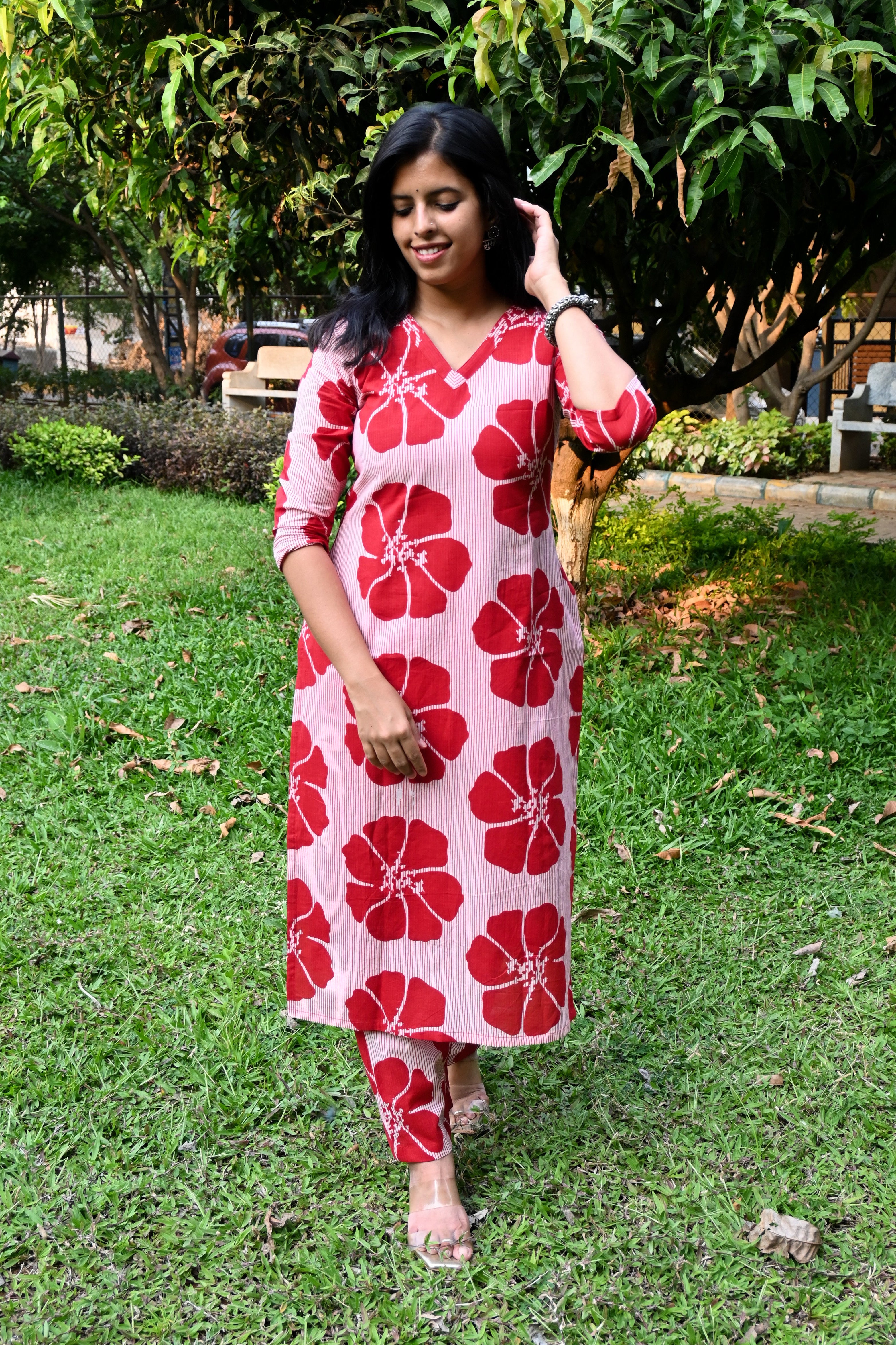 Red Floral Cotton A-Line Co-ord Set